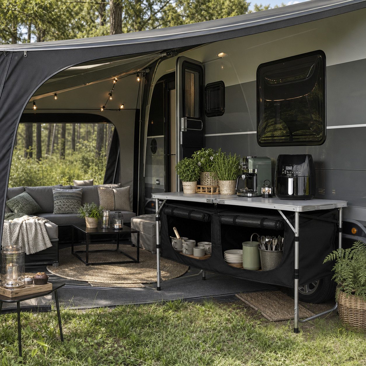Sekey Campingtisch 120 cm Faltbar Campingtisch Höhenverstellbar Campingschrank Klappbar, Outdoor Campingküche mit Stauraum, inkl.Tragetasche 120 x 47 x 54–70cm
