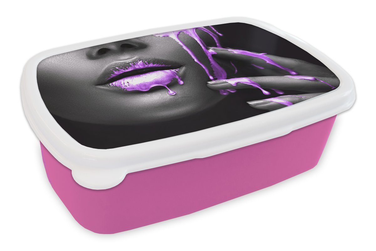 MuchoWow Lunchbox Lippen - Lila - Schwarz, Kunststoff, (2-tlg), Brotbox für Erwachsene, Brotdose Kinder, Snackbox, Mädchen, Kunststoff rosa