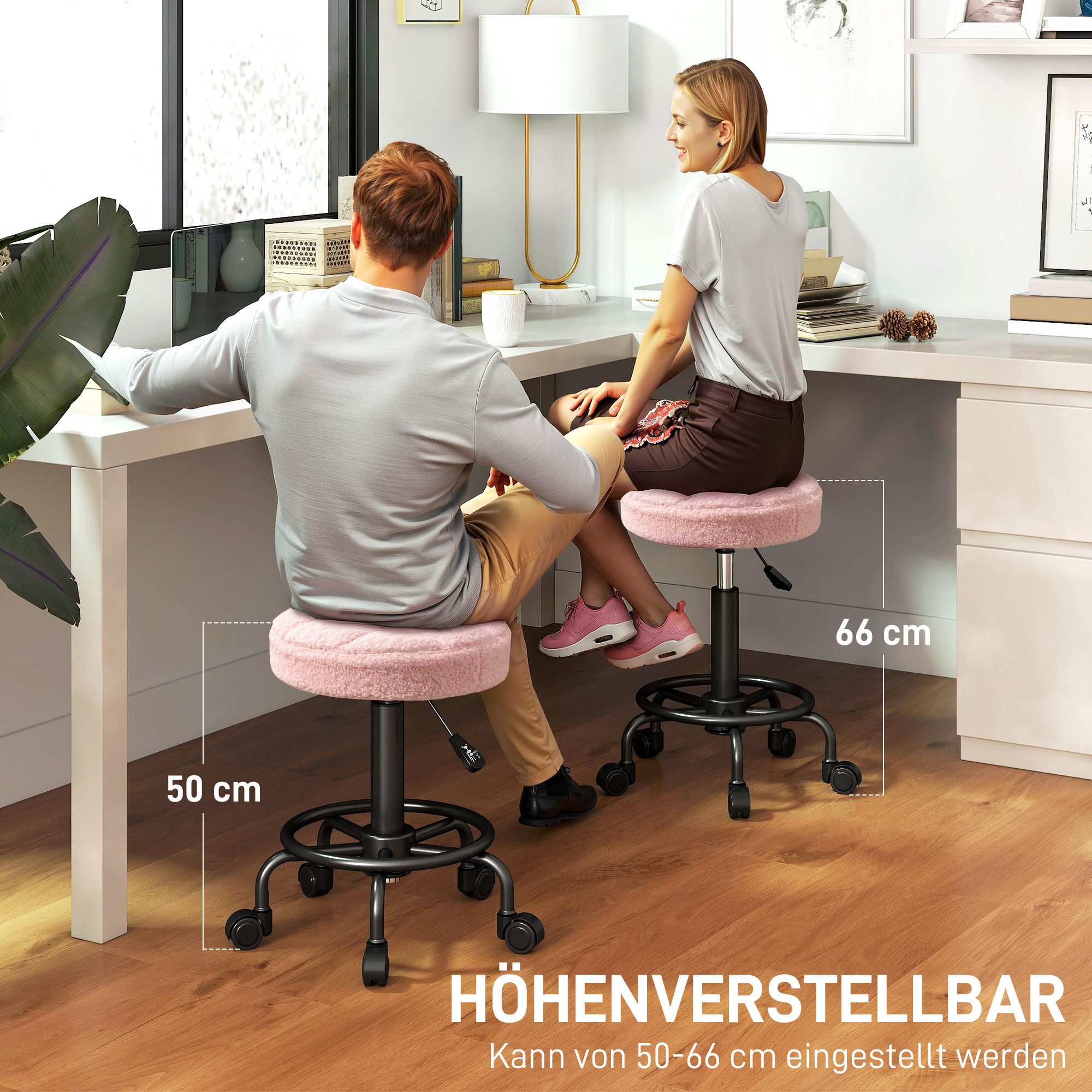 HOMCOM Rollsitz Arbeitshocker höhenverstellbar 50-66 cm 360° drehbar Hocker (Rollhocker, 1 St., Drehhocker), für Büro, Salon, Massage, Spa, Rosa – Bild 4 von 5