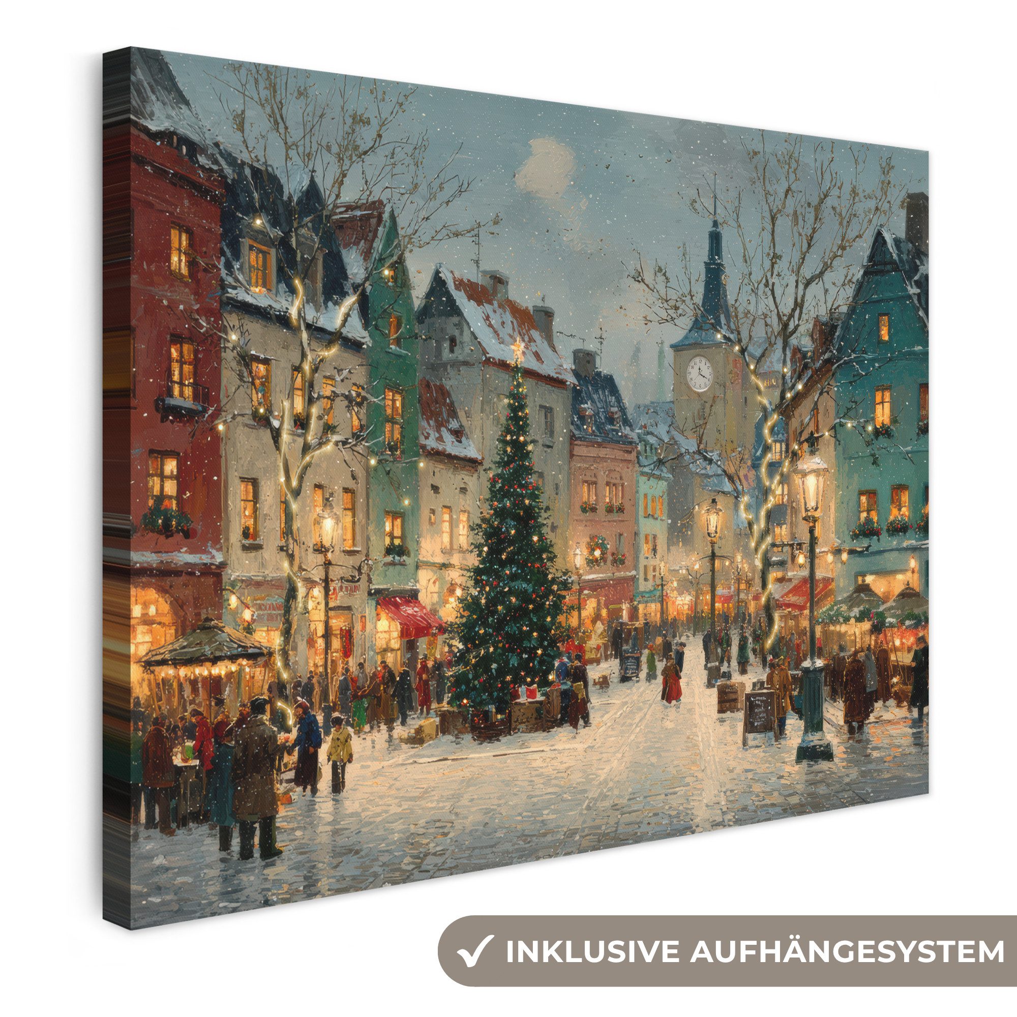 OneMillionCanvasses® Leinwandbild Weihnachtliche Atmosphäre - City Square - Farbenfroh, Fotodruck (1 St), Wandbild Leinwandbilder, Aufhängefertig, Wanddeko 40x30 cm