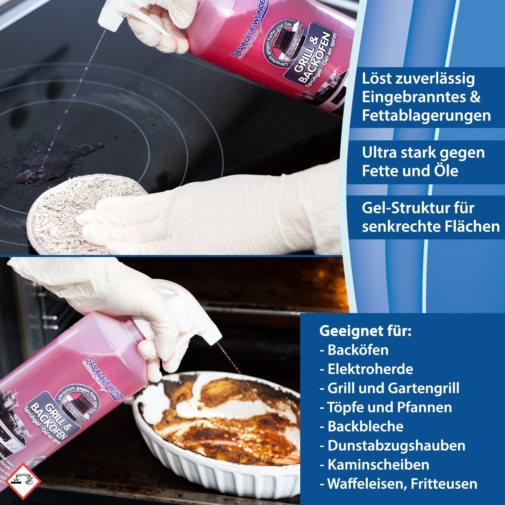 Das Blaue Wunder® Sprühkopf Grill) Sprühgel und Backofenreiniger selbstarbeitender Backofen, Grill- (inkl. Backofen Herd, für Fettlöser