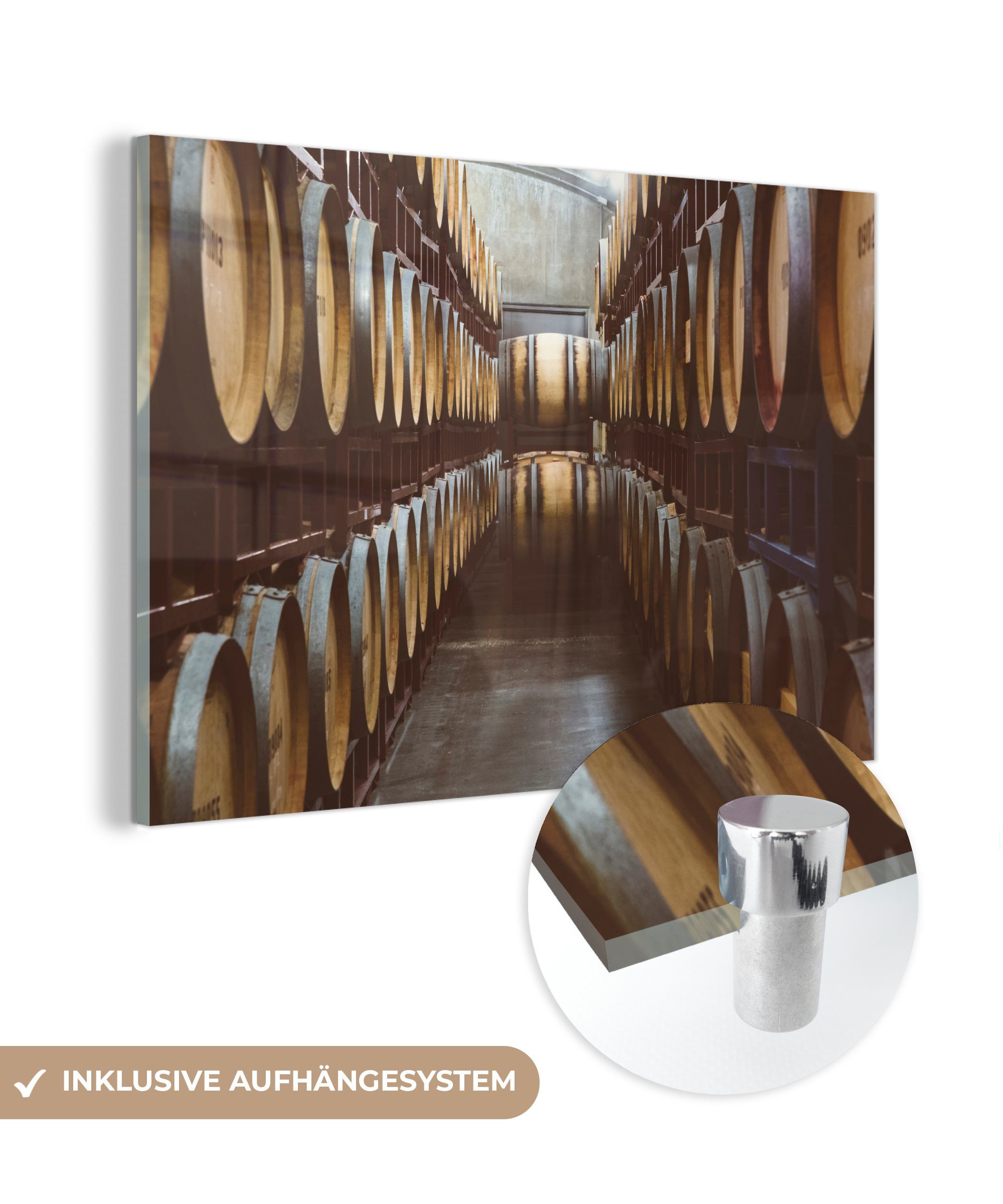MuchoWow Acrylglasbild Eine Gasse mit Weinfässern, (1 St), Acrylglasbilder Wohnzimmer & Schlafzimmer
