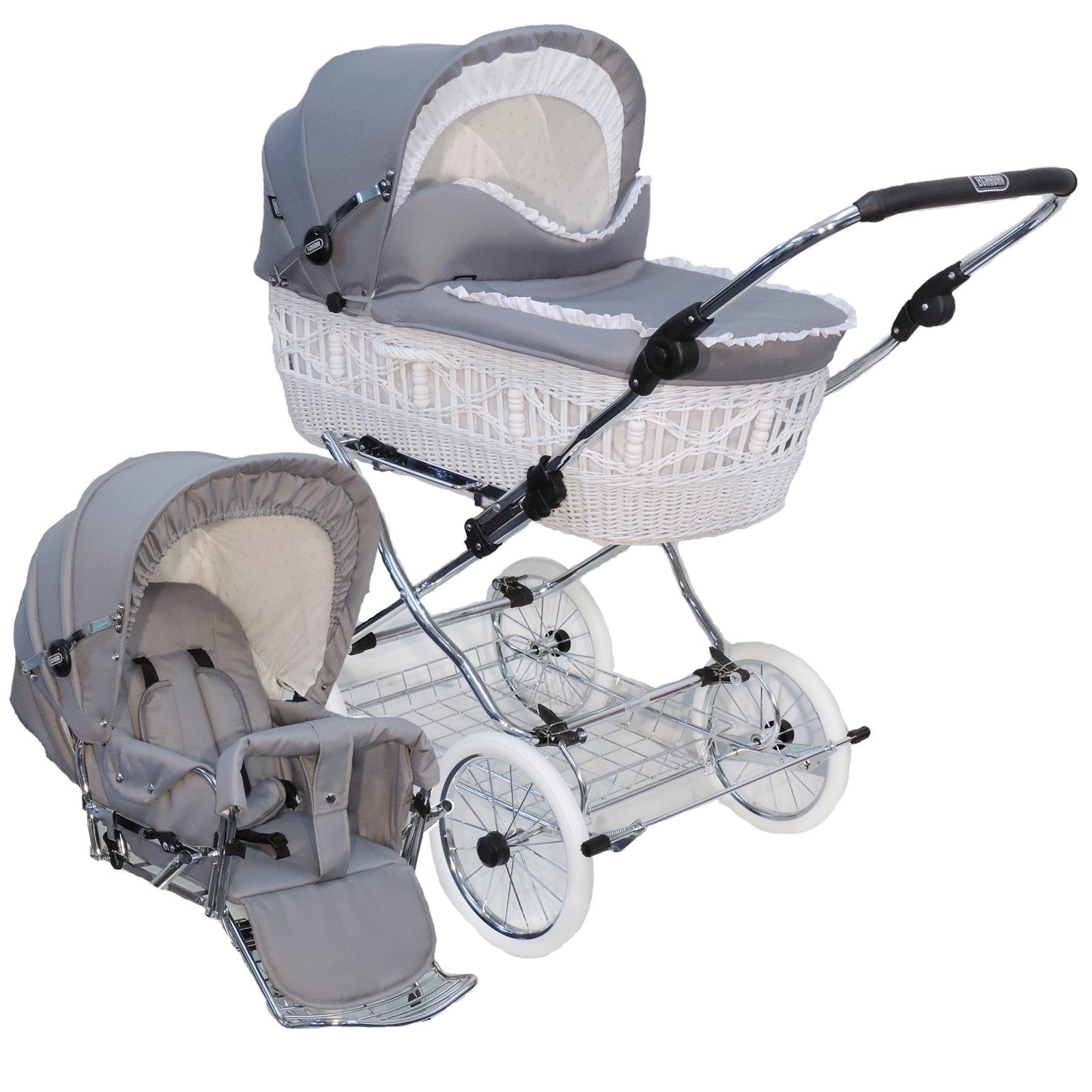 Eichhorn Kinderwagen Kombi-Kinderwagen Retro Korbkinderwagen Komplett-Set "Senator", Weide Weiß, inklusive Sportwageneinsatz (0-3 Jahre) / made in EU