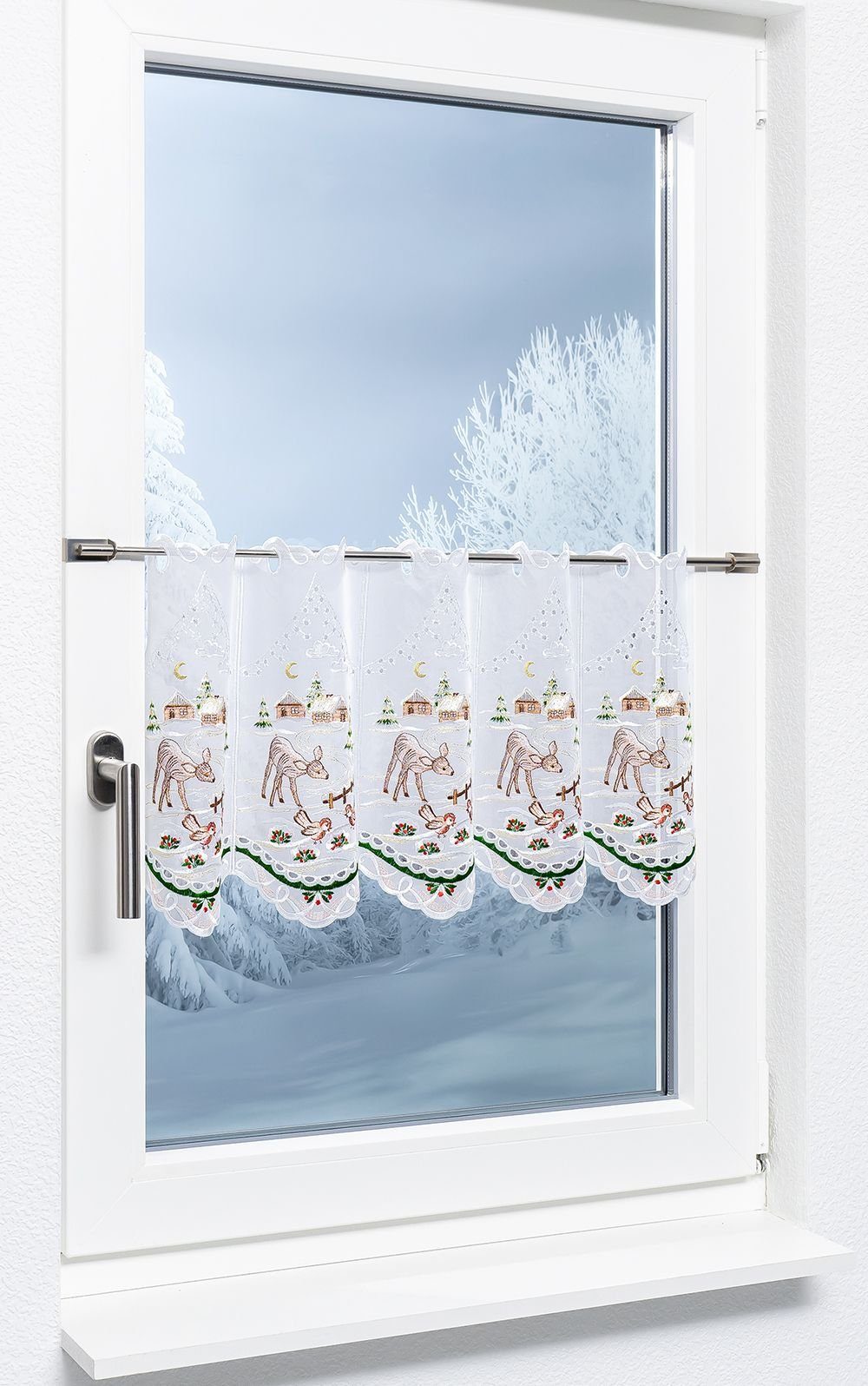 mit Scheibengardine (1 halbtransparent, St), Reh, Spitze®, 35x48cm HxB Winterwald Plauener