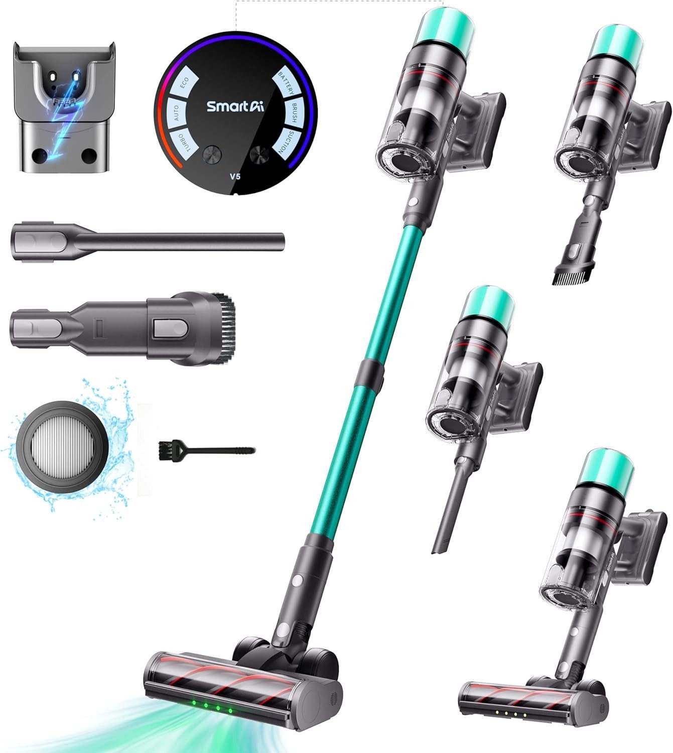 SMARTAI Akku-Hand-und Stielstaubsauger SmartAI V5,600W 50000PA Handstaubsauger 8-in-1 Sauger, beutellos