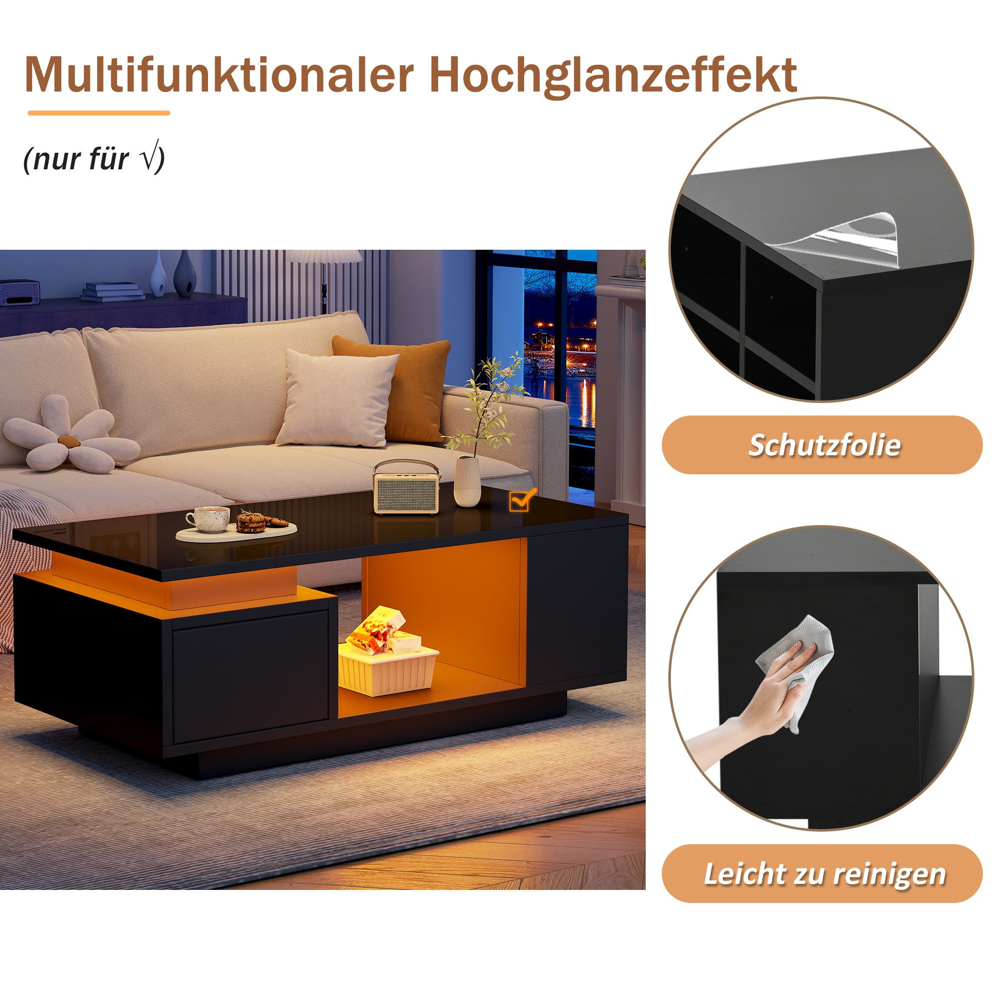 Merax Couchtisch hochglanz Sofatisch Beistelltisch mit LED-Beleuchtung (1-St), Wohnzimmertisch mit Schublade & seitlichem Stauraum, 100x50x36cm
