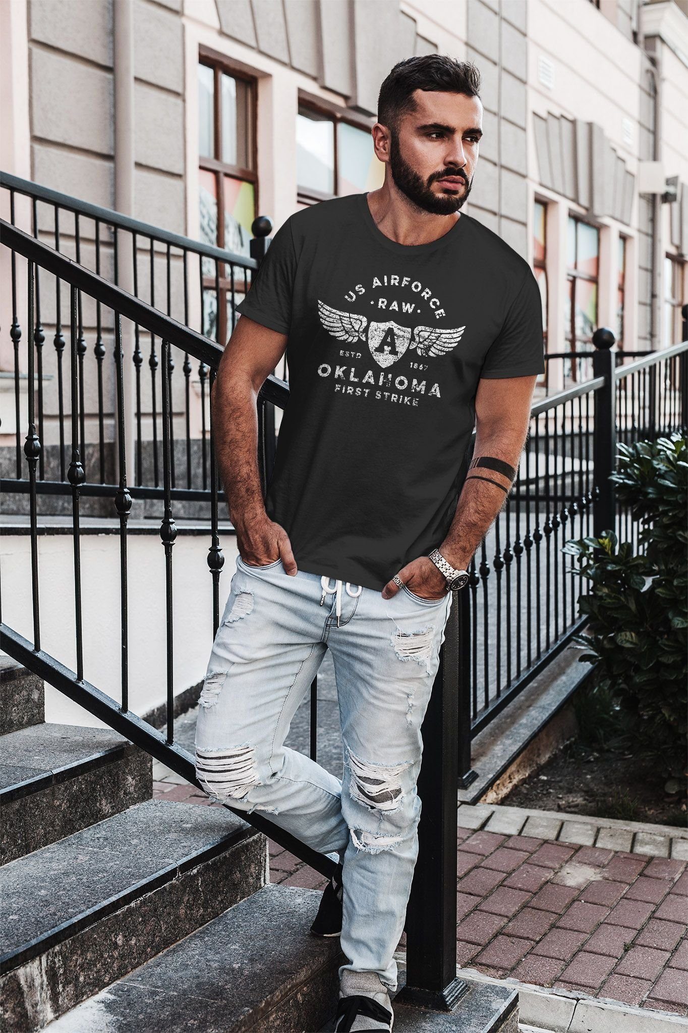 Neverless Print-Shirt Herren T-Shirt Print US Airforce Oklahoma Aviator Vintage-Shirt mit Print