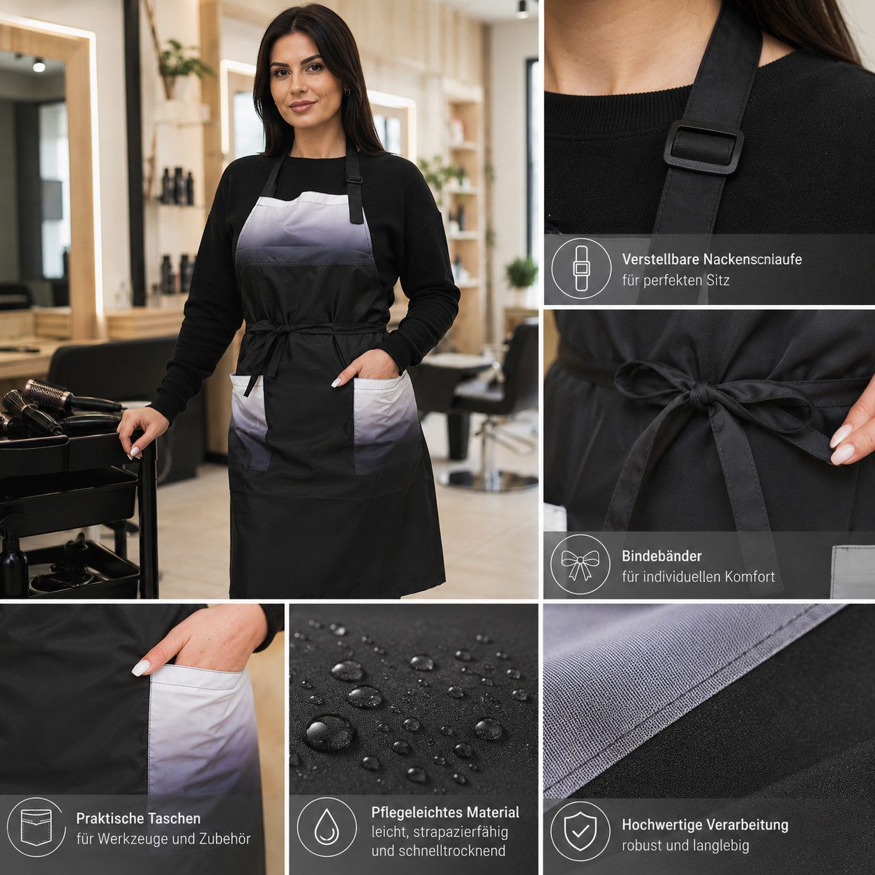 STM Company Kittelschürze Berufsschürze "Ambre" mit Taschen, Für Friseur, Kosmetik & Gastronomie