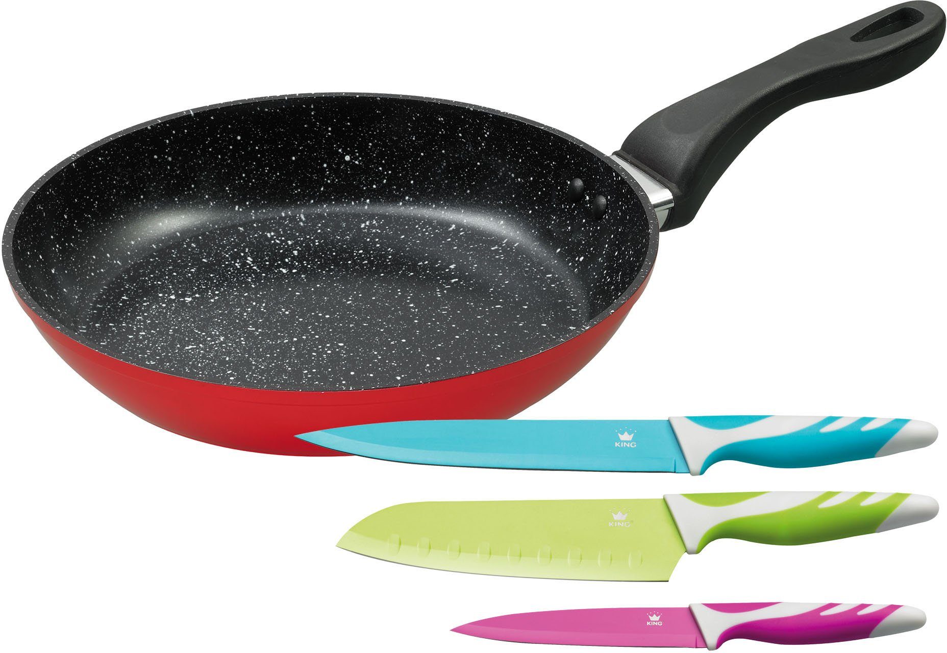 KING Bratpfanne, Aluminium (Set, 4-tlg., 1 Pfanne, 3 Messer), Ø 28 cm, formstabiler Thermoboden, Induktion, Keramikbeschichtung