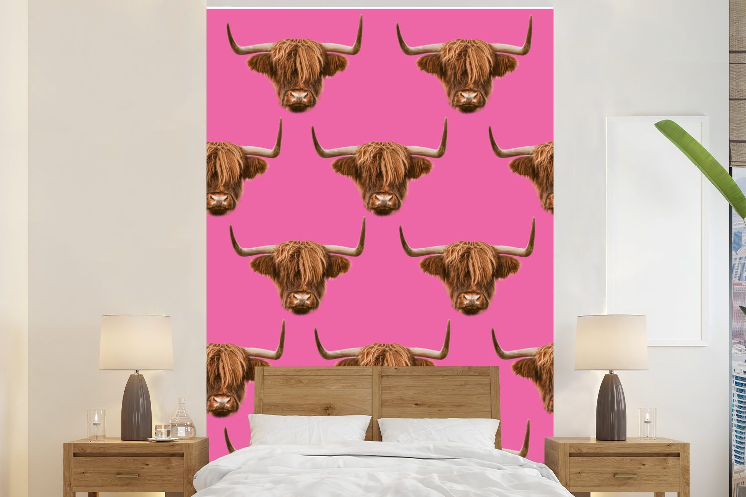 MuchoWow Fototapete Schottischer Highlander - Muster - Rosa, Matt, bedruckt, (3 St), Montagefertig Vinyl Tapete für Wohnzimmer, Wandtapete