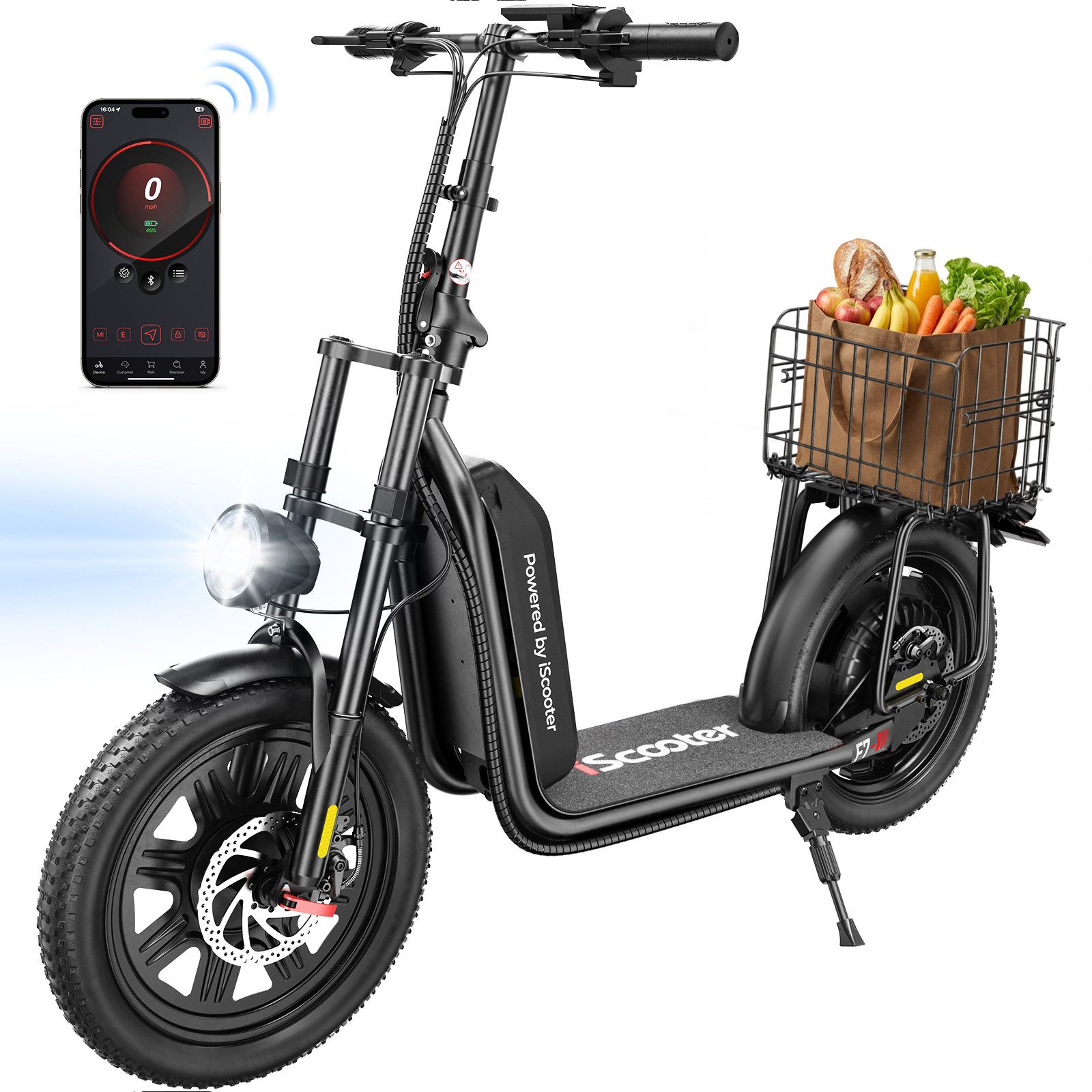 iscooter E-Scooter E Scooter mit Straßenzulassung,16 × 3.0 Zoll Fat Tire E Roller, 100Km Max Reichweite,mit Klapprad Korb und Lenker mit App