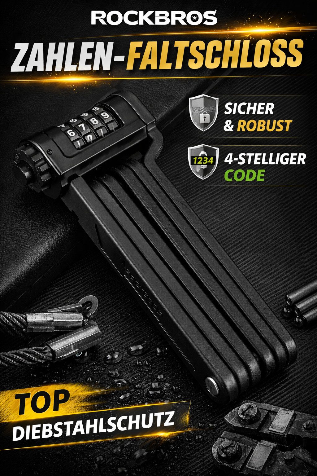 ROCKBROS Faltschloss Faltschloss Fahrradschloss Zahlenschloss höchste Sicherheit robust, Ihre Lösung gegen den Diebstahl Ihres Fahrrads oder E-Bikes