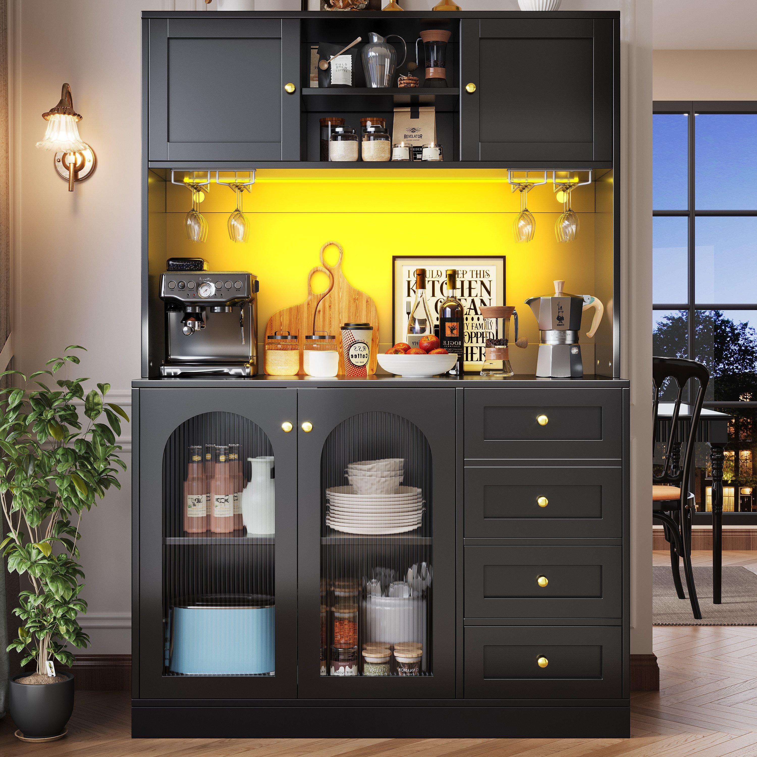 Celya Küchenbuffet Buffetschrank Landhausstil 120x40x188 cm mit LED-Lichtleiste (4 Türen, 3 Schubladen, Eingebaute Kippsicherung)