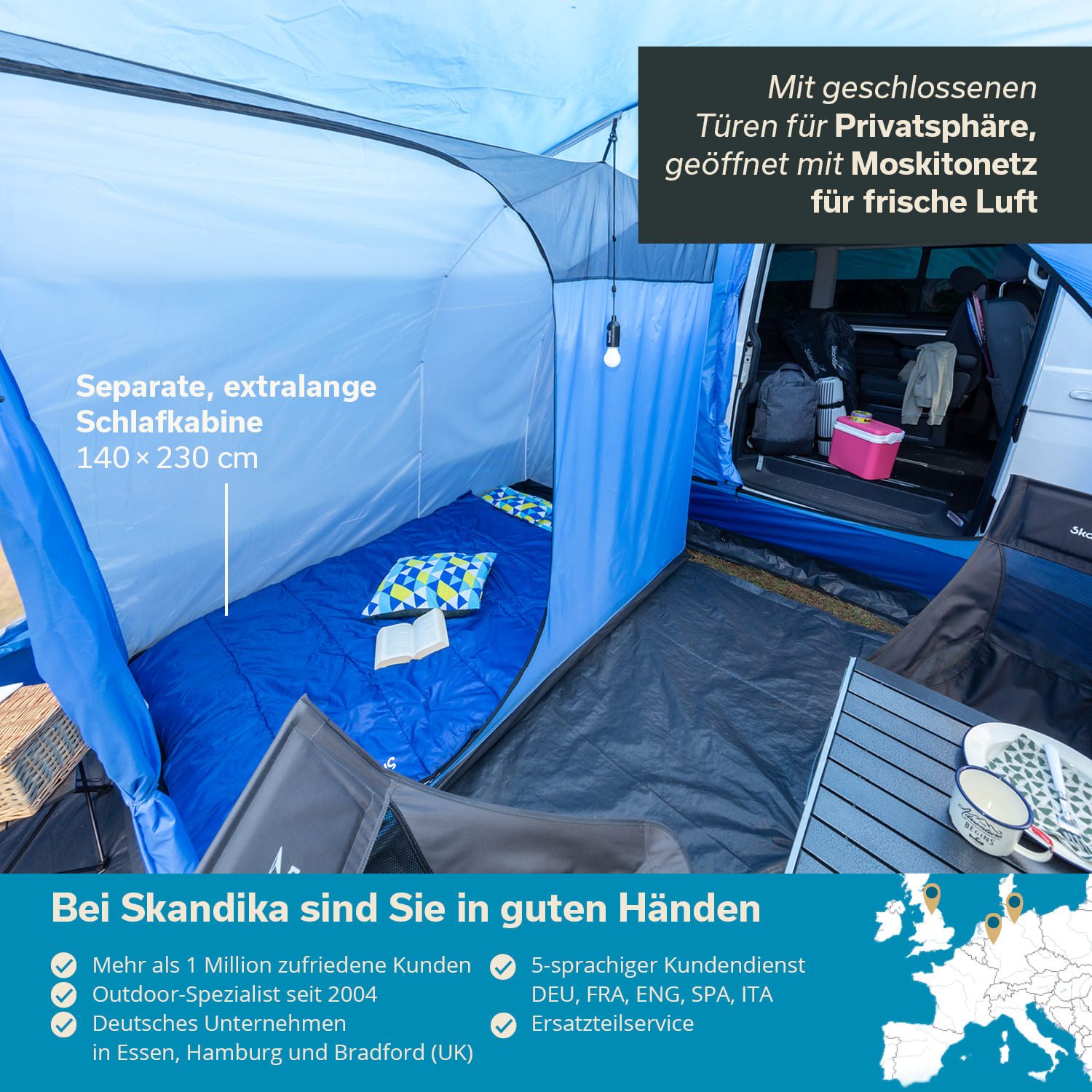 Skandika Buszelt Campingzelt, Tunnelzelt, Aarhus Travel 2, Vorzelt für Bus/Van, Personen: 2 (Tragetasche, Moskitonetz am Haupteingang, Sonnendach), Freistehend, 2 Eingänge, herausnehmbare Schlafkabine, Stehhöhe 205 cm