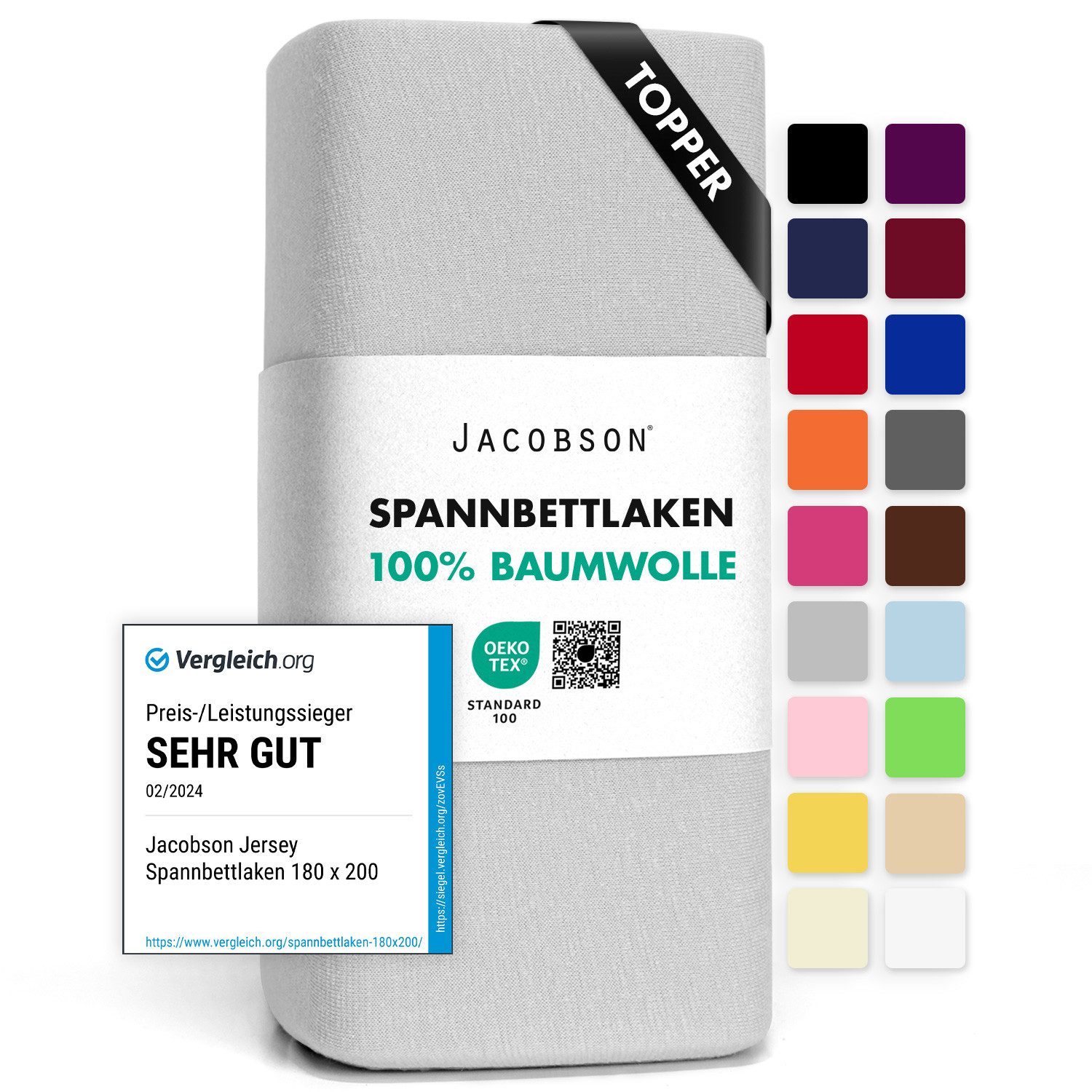 Jacobson Spannbettlaken TOPPER aus 100% Baumwolle, Jersey Bettlaken 160 g/m², Spannbetttuch mit Gummizug, pflegeleicht & viele Farben
