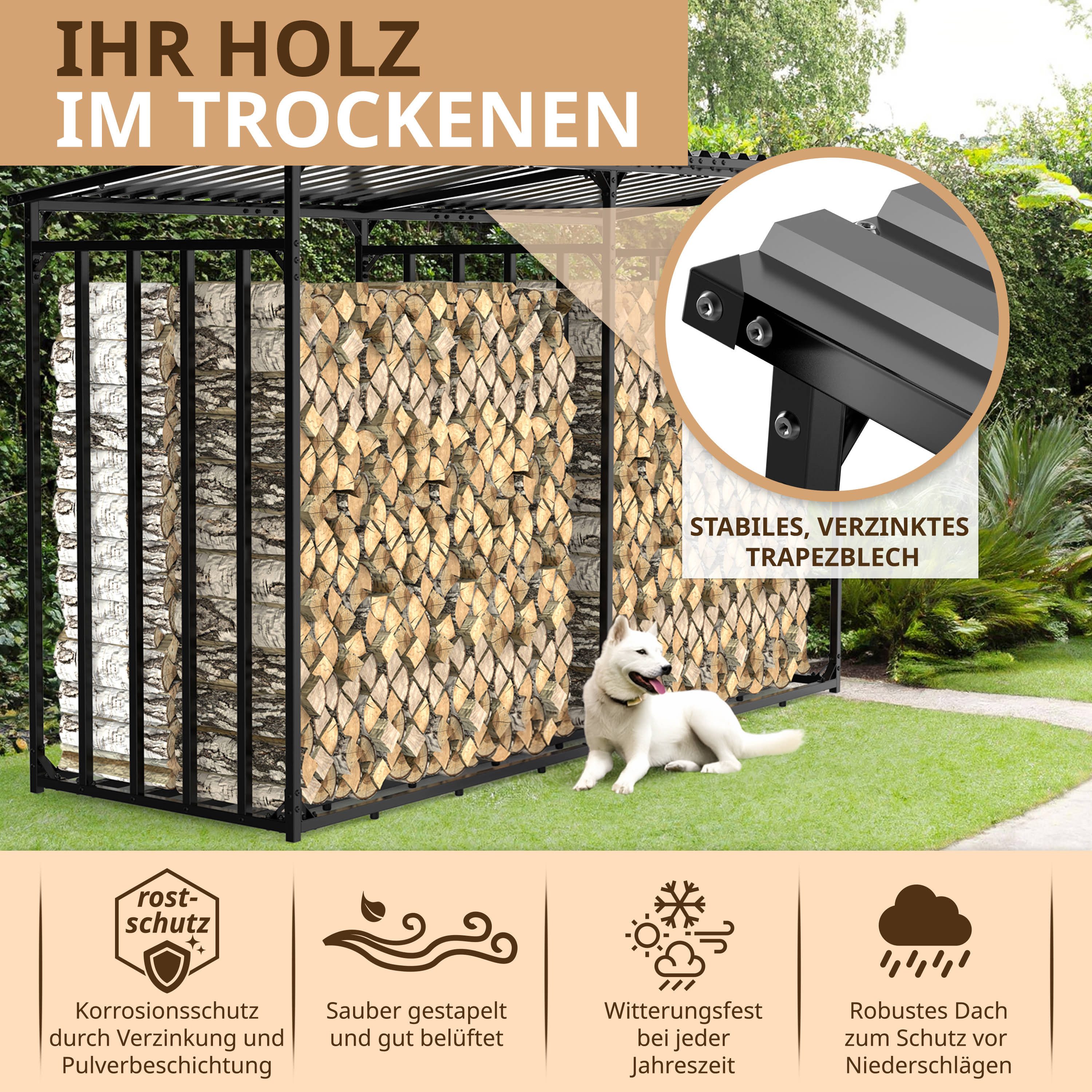 LAWA Living and Lifestyle Kaminholzregal außen mit Dach Metall Abdeckung 1m XXL Brennholz Unterstand Outdoor, BxTxH:300.00x105.00x185.00 cm, verzinkt, wetterfest, anthrazit