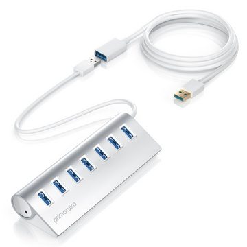 Primewire USB-Adapter, 7-Port USB 3.2 Gen1 Hub mit Netzteil, gebürstetes Aluminium-Gehäuse