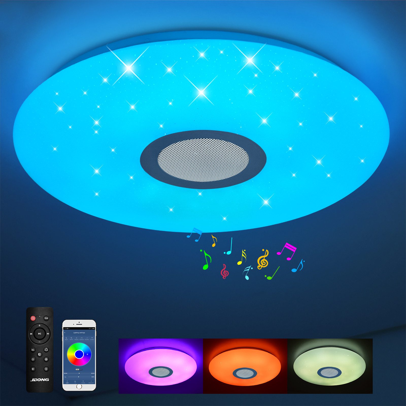 JDONG Deckenleuchte Dimmbar mit Bluetooth Lautsprecher 30/40/50/60CM, Deckenlamp mit Fernbedienung 3000-6500k RGB Farbwechsel, APP-Steuerung Musikwiedergabe für Schlafzimmer Kinderzimmer