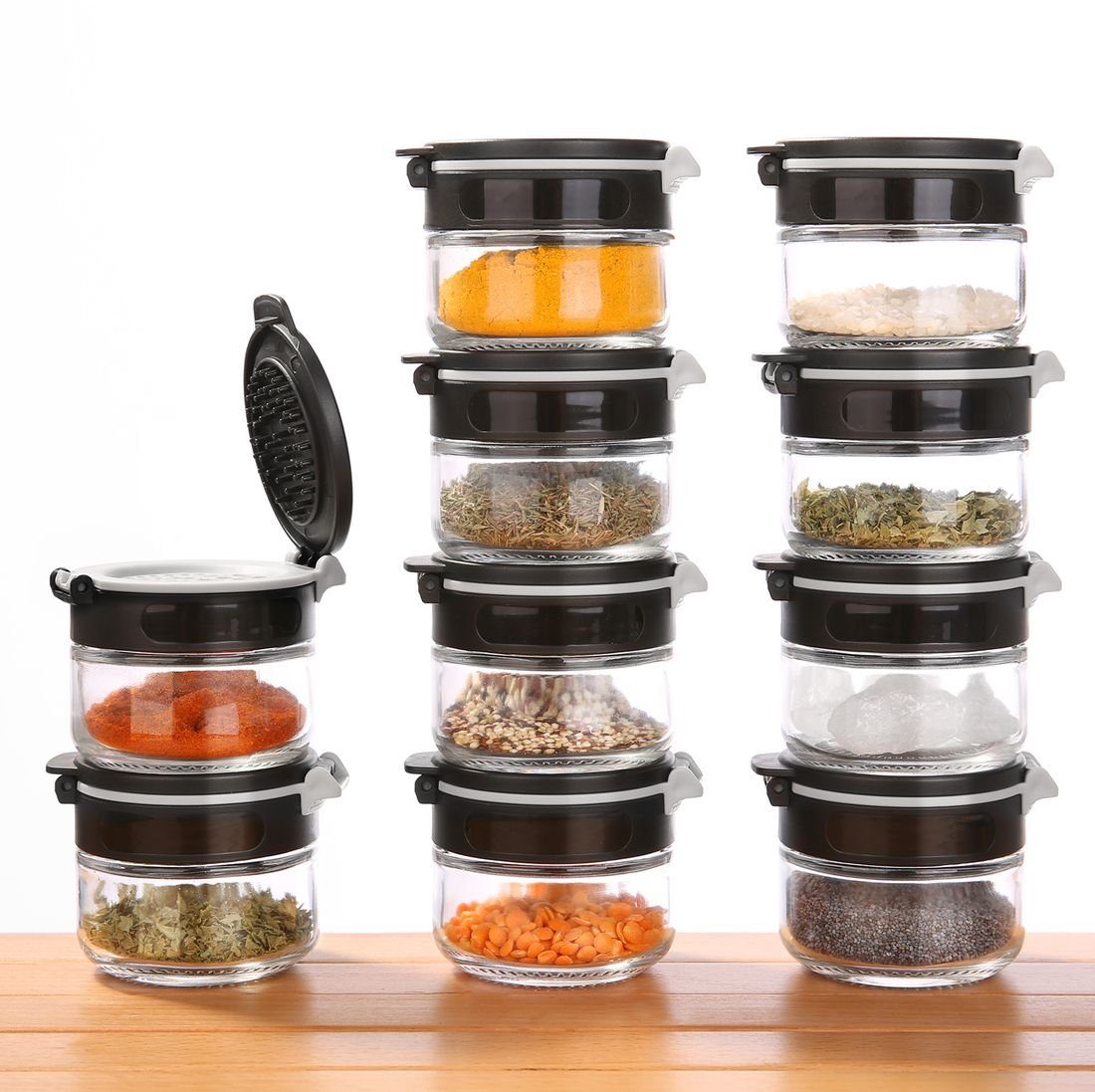 Gewürzstreuer your GEAR Gewürzstreuer Double-Flip - 10 Gewürzdosen à 85 ml aus Glas