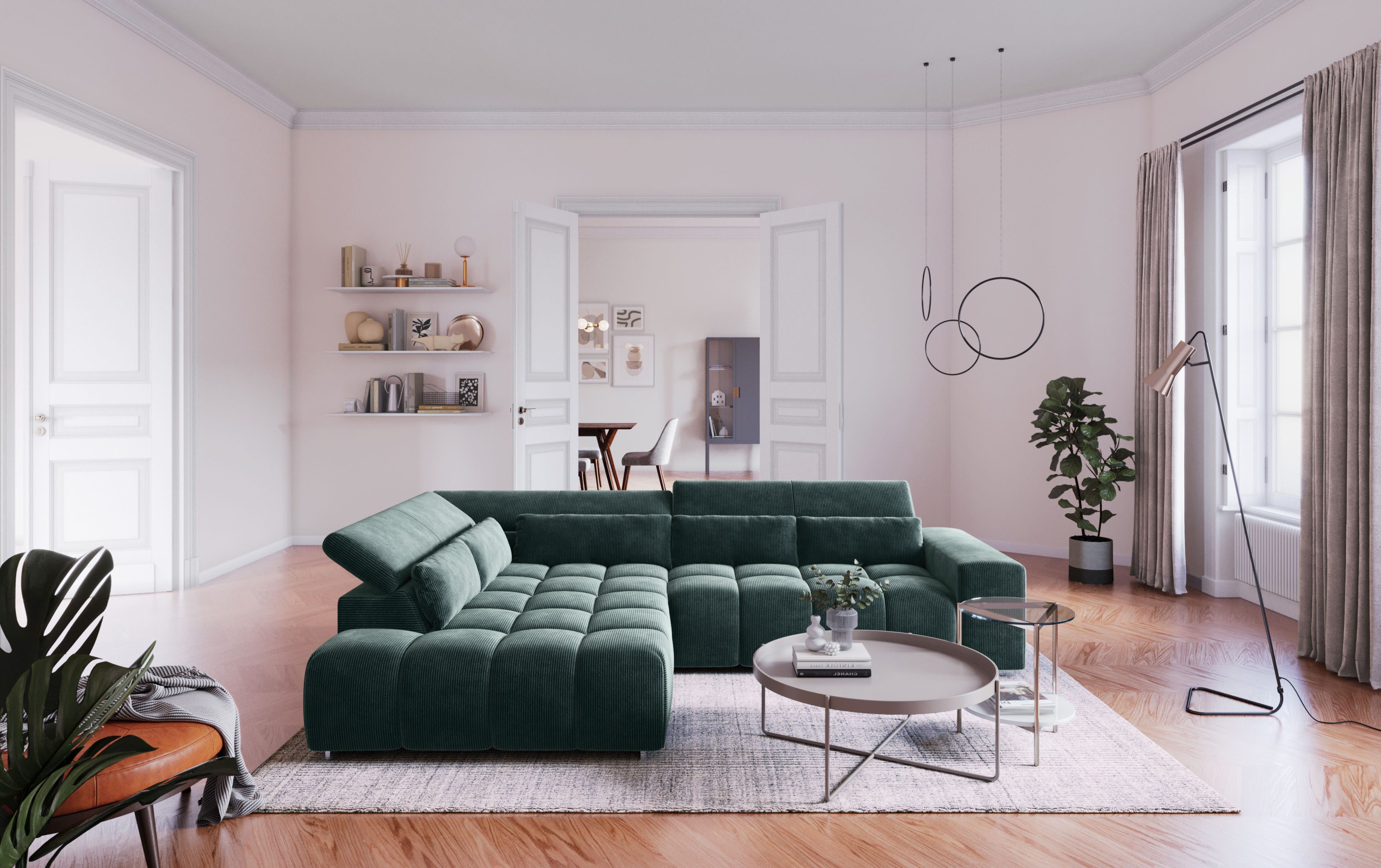 COTTA Ecksofa Orion L-Form, B: 310 cm, moderne Steppung, bequeme Wellenunterfederung, Kopfteilverstellung & 5 Nierenkissen
