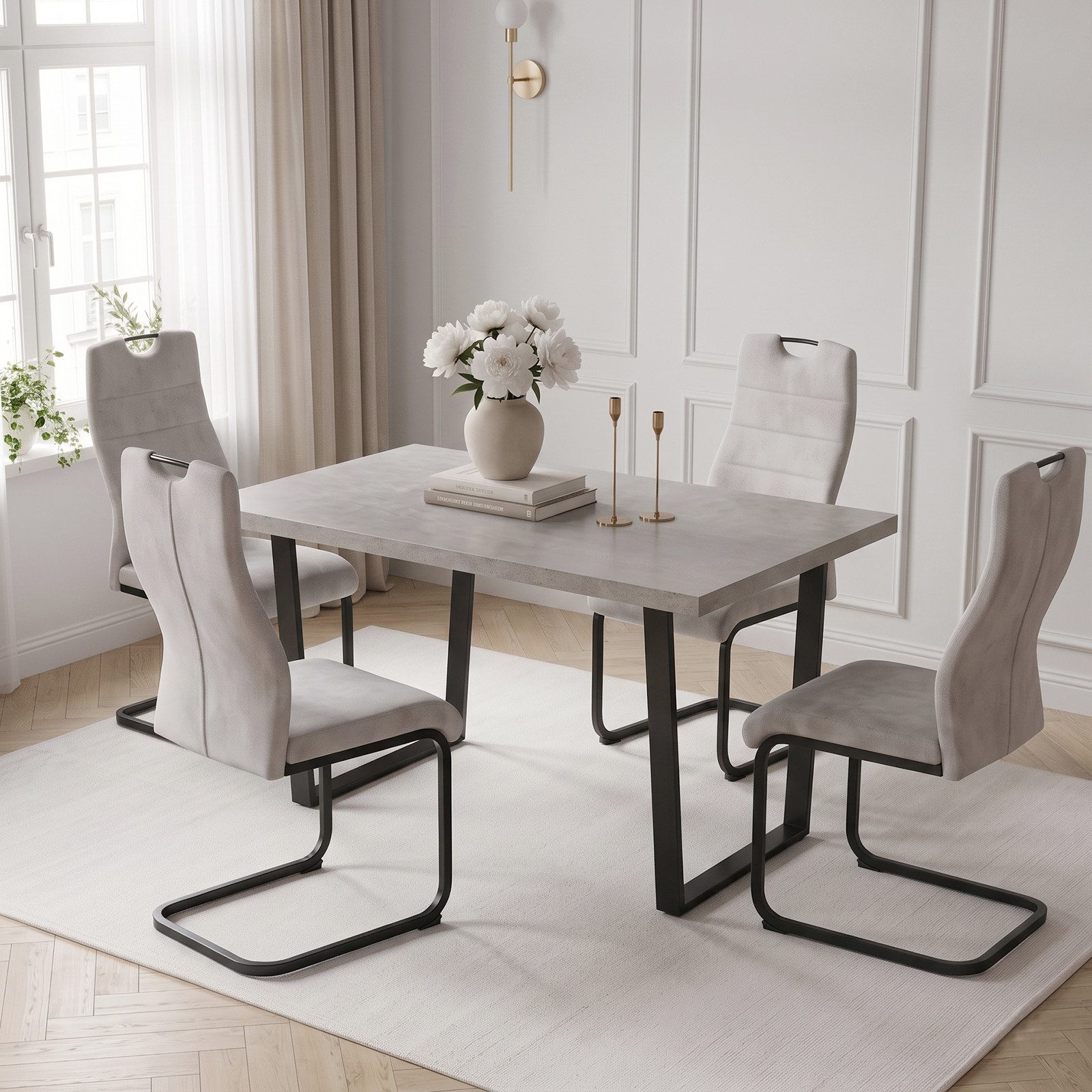 Jiexi Essgruppe Essgruppe fest 110x70 MDF Grau Tisch Set mit Hightech-Stoff Stühlen