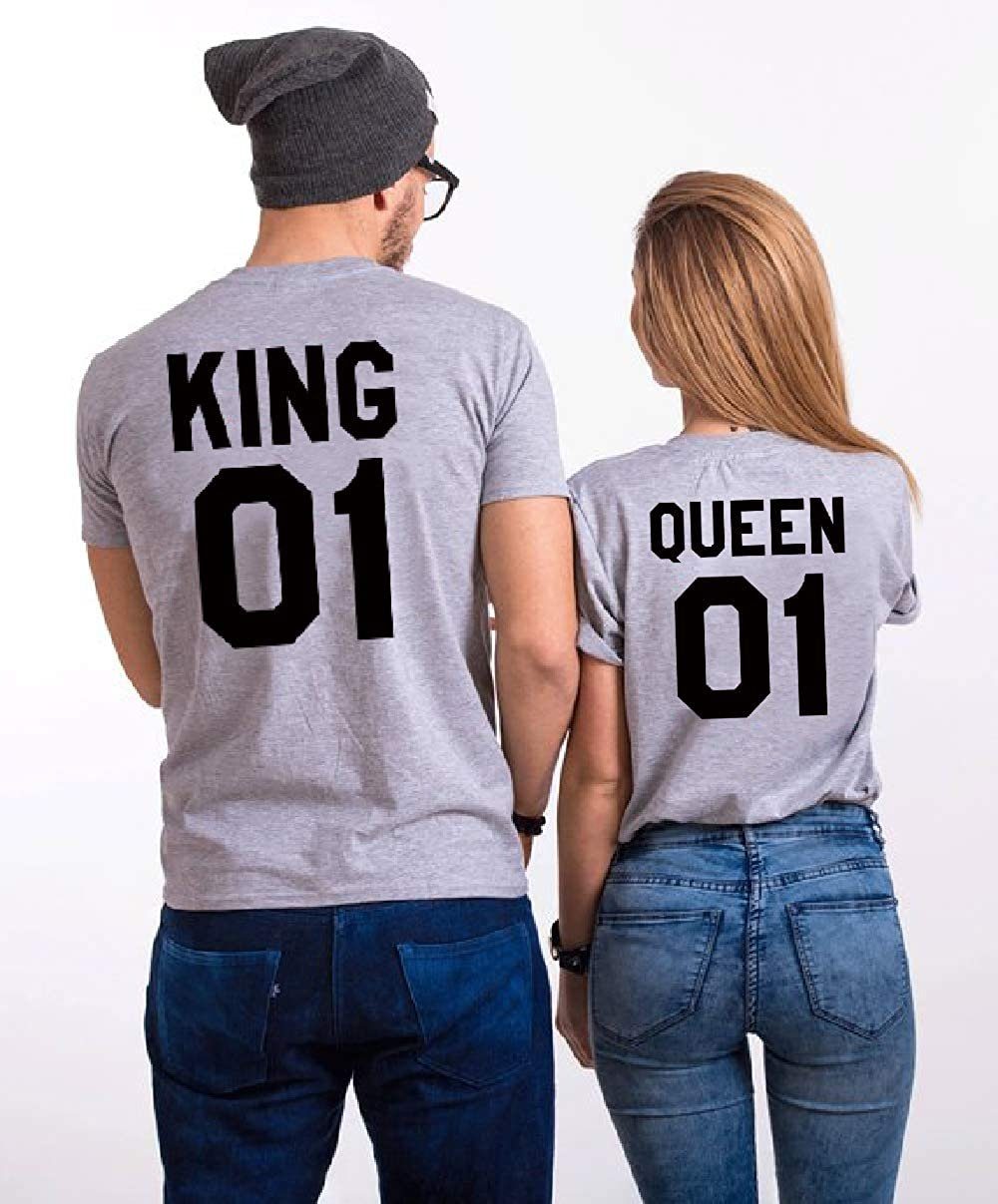 Grau T-Shirt mit Shop Rückenprint T-Shirt QUEEN modischem / King Couples Brust- und Queen & Paar
