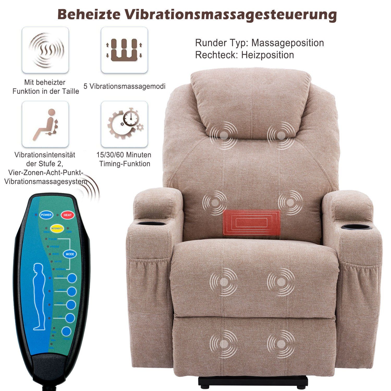 Vibrationsmassage, Hellbraun Massagesessel Fernbedienung und USB und Merax TV-Sessel mit Wärmefunktion relaxfunktion,