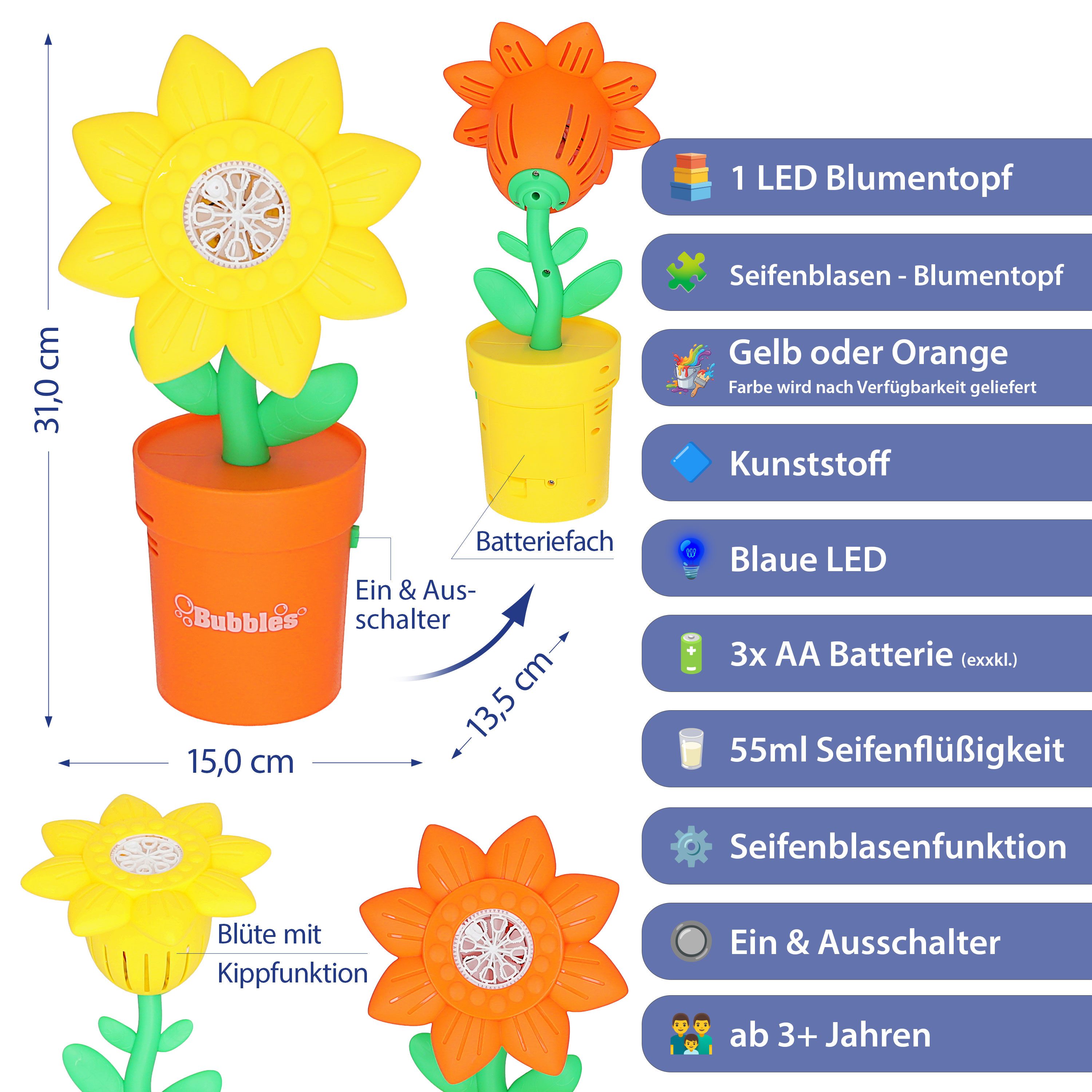CEPEWA Seifenblasenstab Seifenblasen Blumentopf gelb orange 13,5x31x15cm PP 55ml LED blau