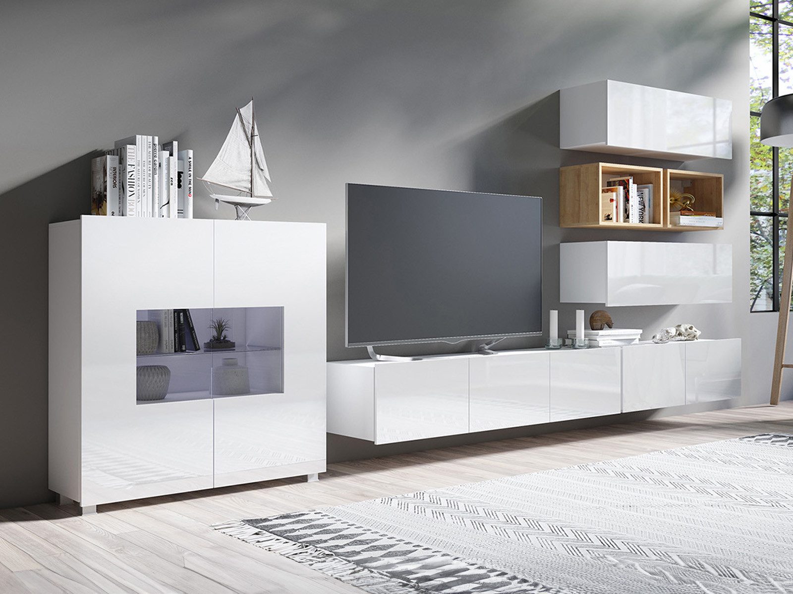 HAUSELEMENT Wohnwand CALABRINI-28, (7-St), Hängewohnwand Schrankwand LED-Beleuchtung Anbauwand Modern