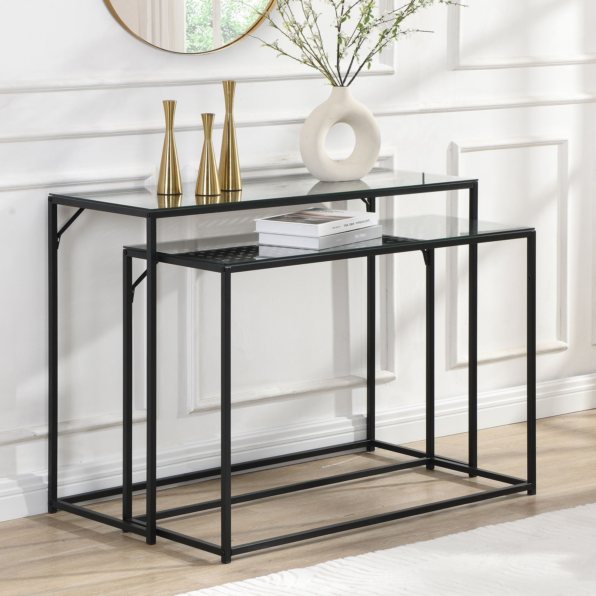 FINEBUY Konsolentisch FB72750 2er Set e Flurtische Metall Glasplatte Modern Industrial (Dekotische 2er Set Schwarz Glas Metall Modern), Ablagetische Wohnzimmer, Glastische Platzsparend