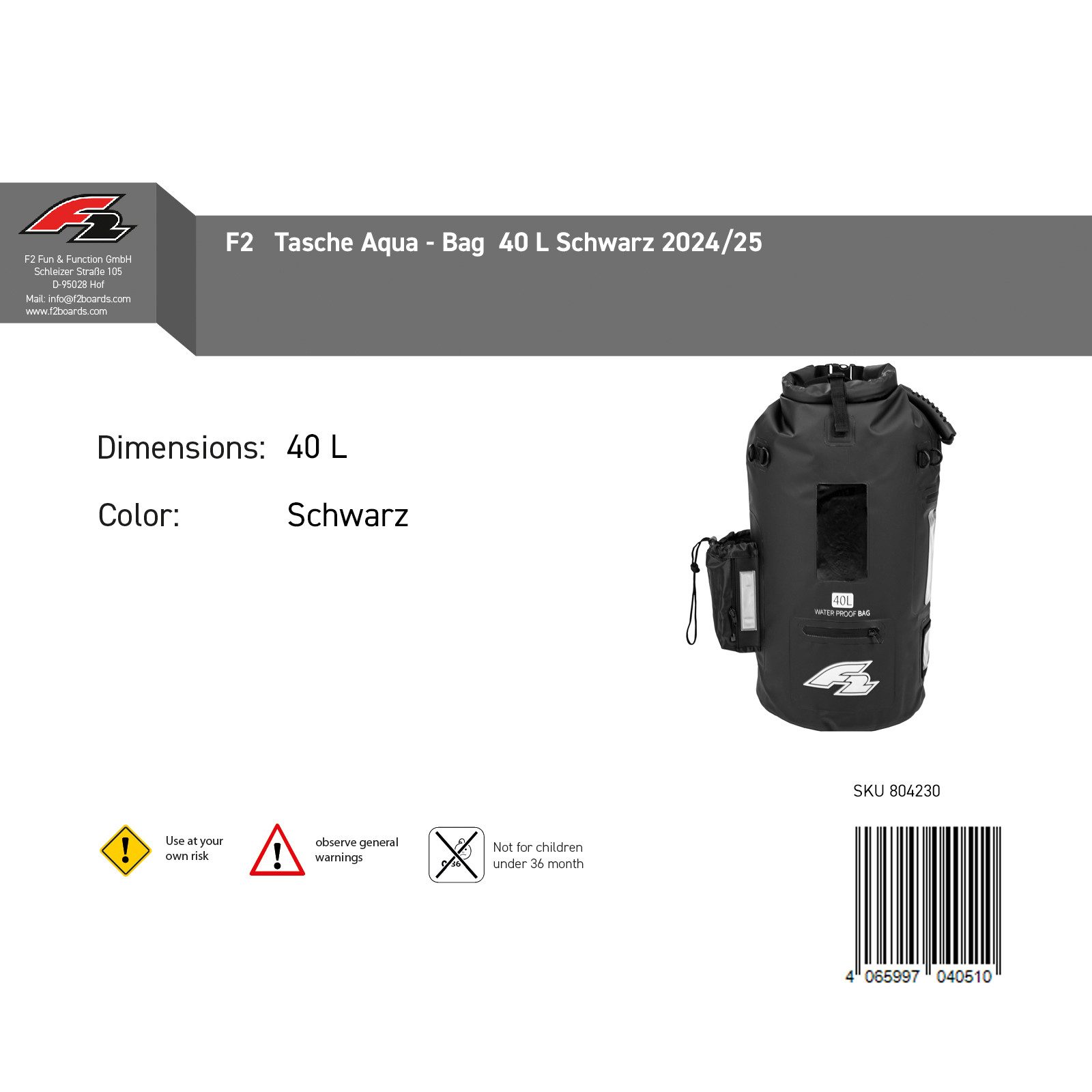 F2 Drybag F2 Tasche Aqua - Bag 40 L Schwarz 2024/25