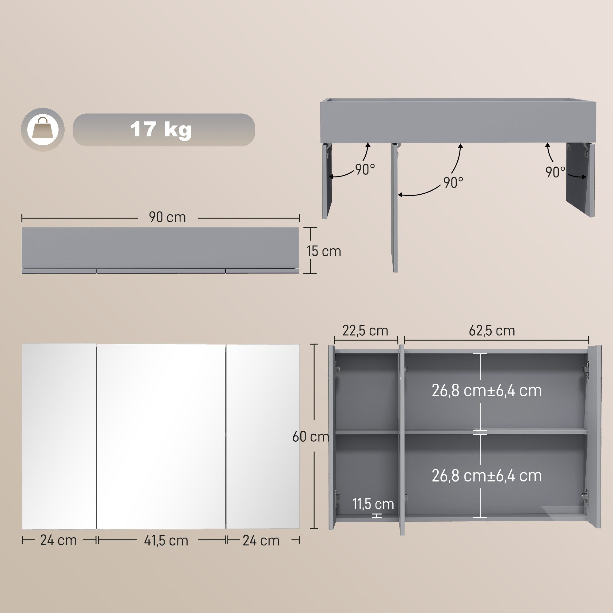 Kleankin Spiegelschrank Wandschrank Badschrank mit Verstellbaren Regalen (Set, 1-St., 1er Set) Badezimmer Spiegelschrank mit drei Türen