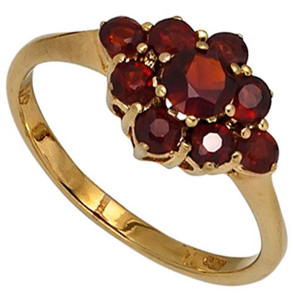 Schmuck Krone Goldring Ring Blume aus Granat dunkelrot 375 Gold, Gold 375