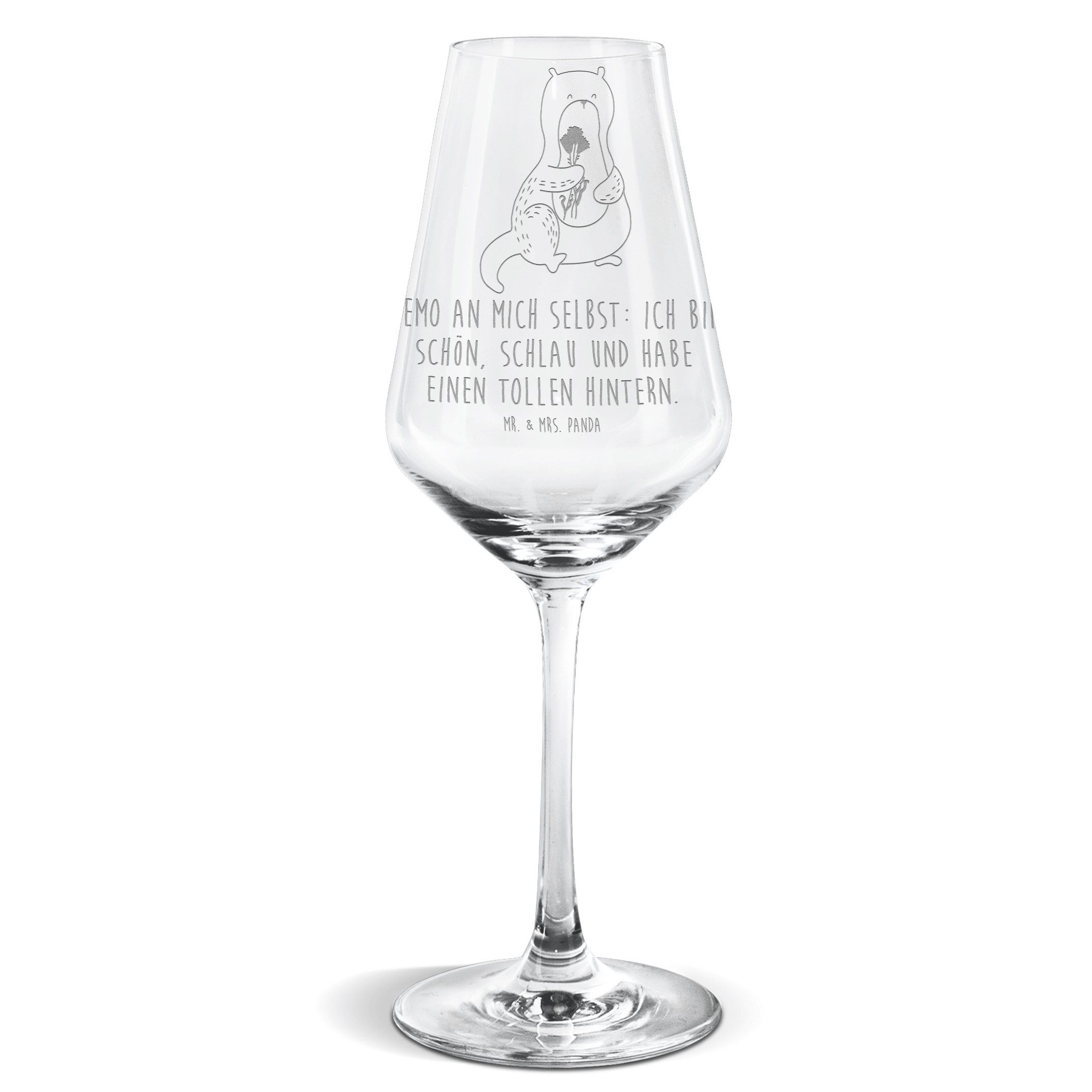 Mr. & Mrs. Panda Weißweinglas Otter Blumenstrauß - Transparent - Geschenk, Weißwein Glas, Spülmasch, Premium Glas, Exklusives Design