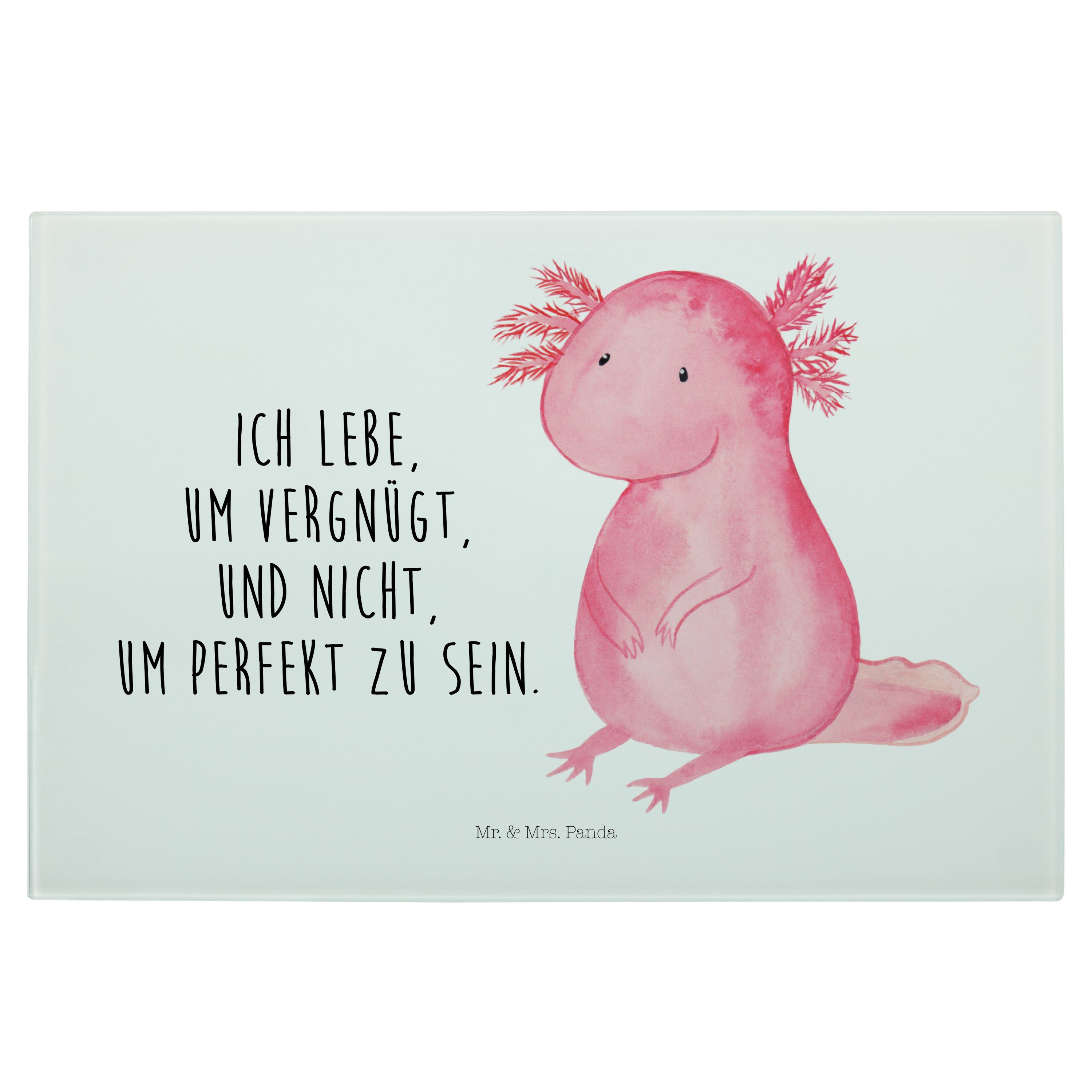 Axolotl - - Mrs. Panda Glasschneidebrett, Servierbrett Weiß Geschenk, Lebenswe, Mr. & Glas, Premium Schneidebrett, (1-St)