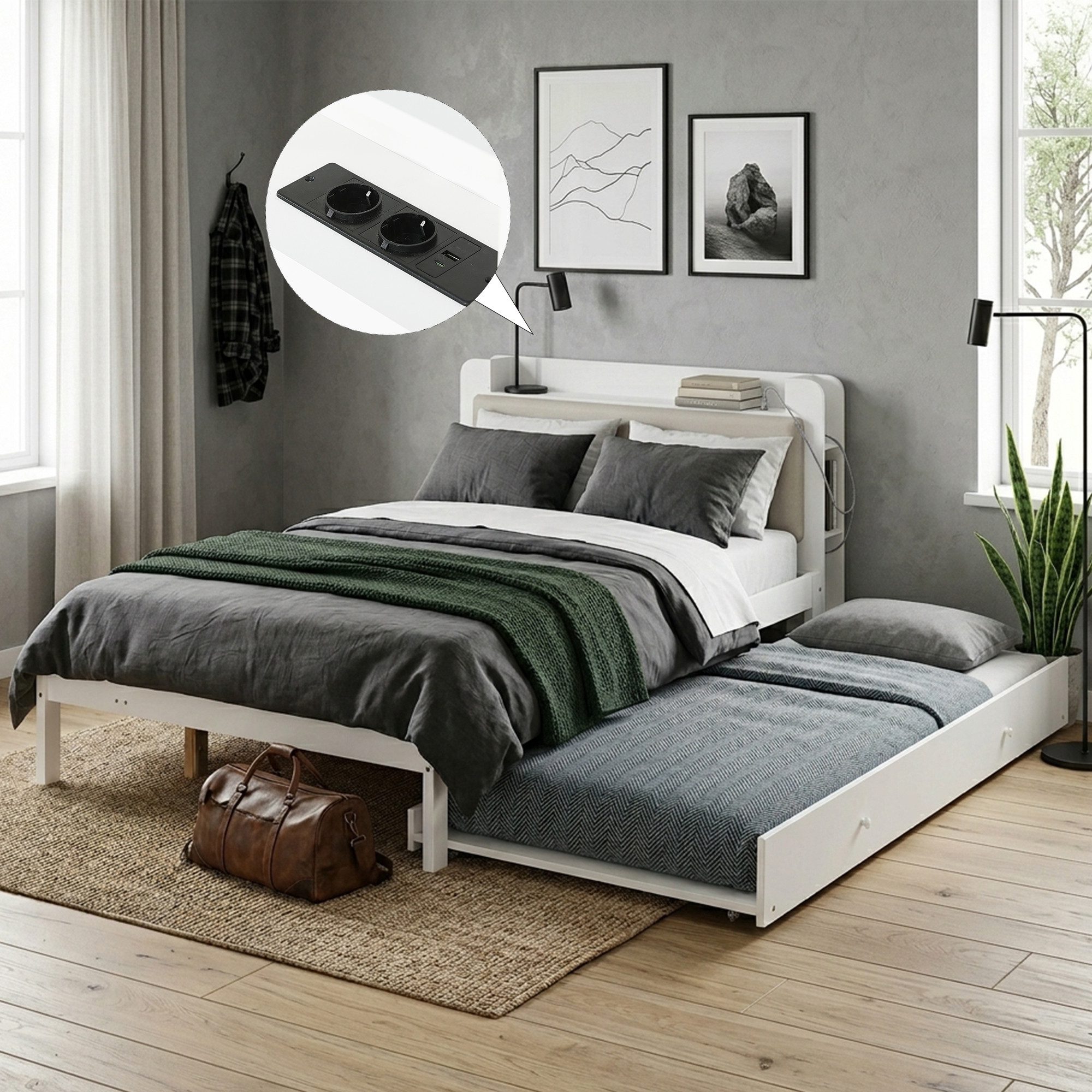 i@home Funktionsbett 120x200 cm Weiß mit Ausziehbett 90x190 cm, Holzbett, gepolstertem Kopfteil, Kopfteilregal, Ladestation und offenem Stauraum