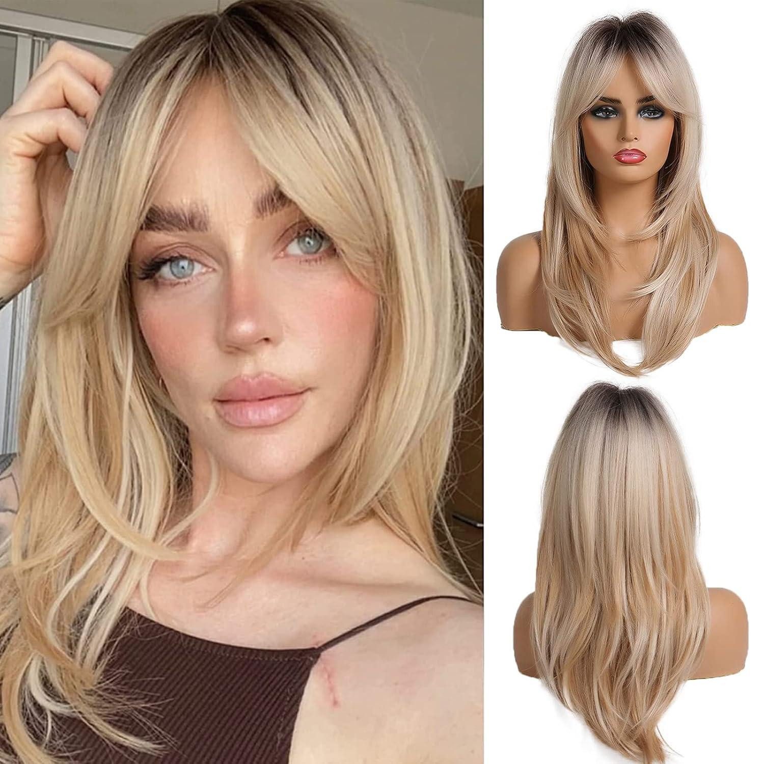 Kunsthaarperücke 20 Zoll Lange Blonde Synthetische Geschichtete Haarperücke Dunkle