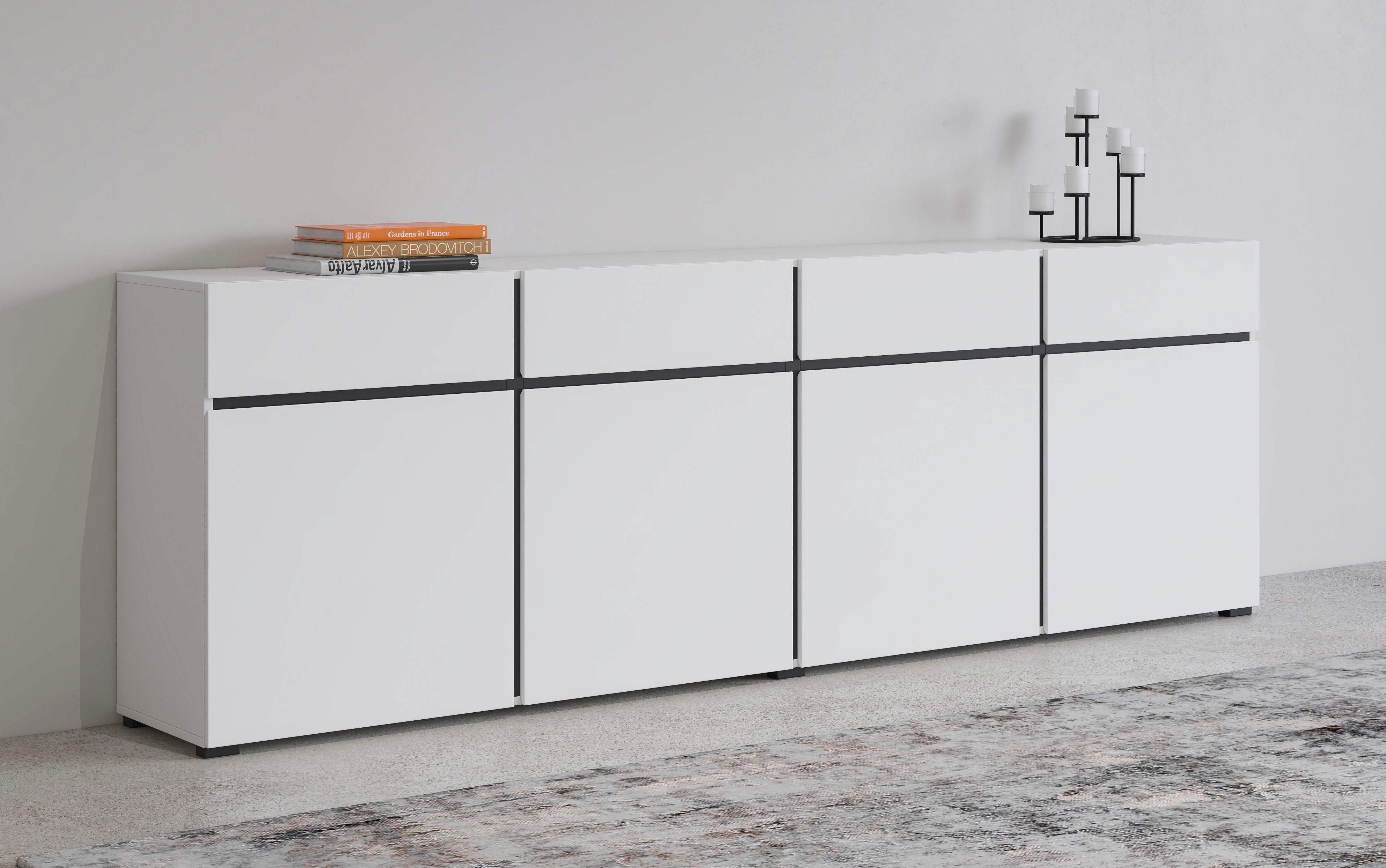 Sideboard Cross,Breite 225 cm, moderne grifflose Kommode,4 Türen/4 Schubkästen