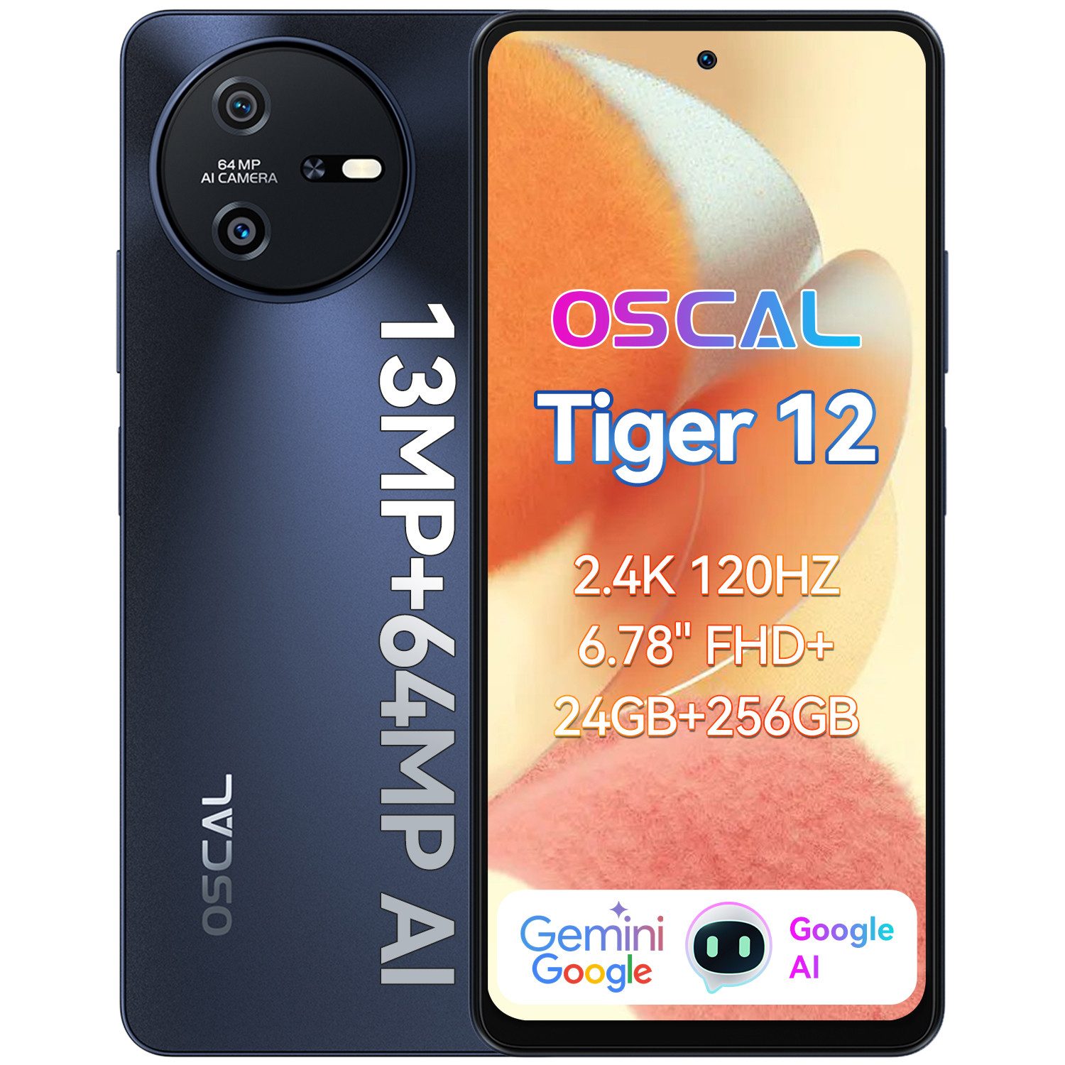 blackview OSCAL TIGER12 AI mit MediaTek Helio G99 Smartphone (6.56 Zoll, 256 GB Speicherplatz, 64 MP Kamera, 64MP, 33W, Gemini AI, Face ID/Fingerabdruck, NFC)