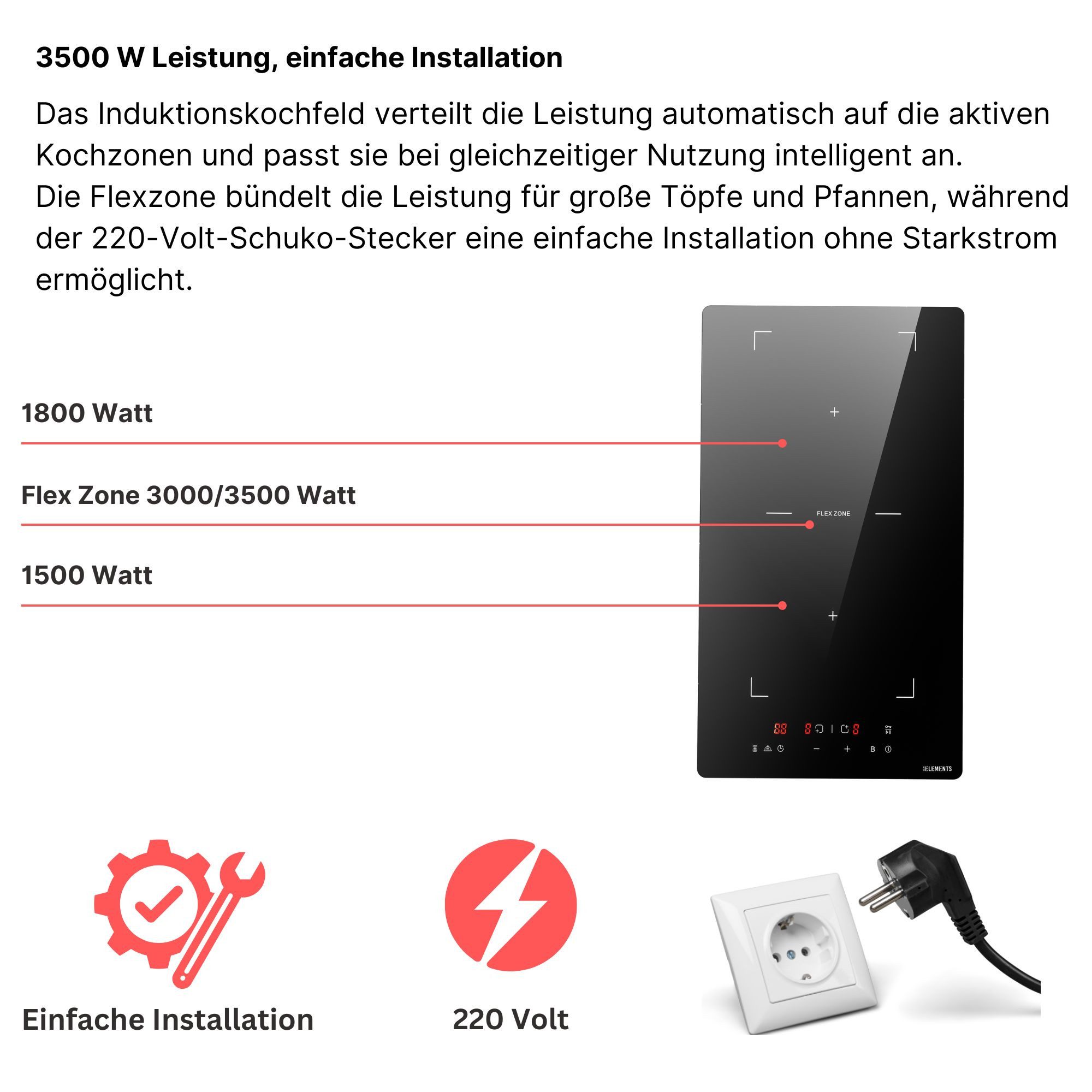 KB Elements Induktions-Kochfeld, EU Stecker, Flexzone, Warmhaltefunktion