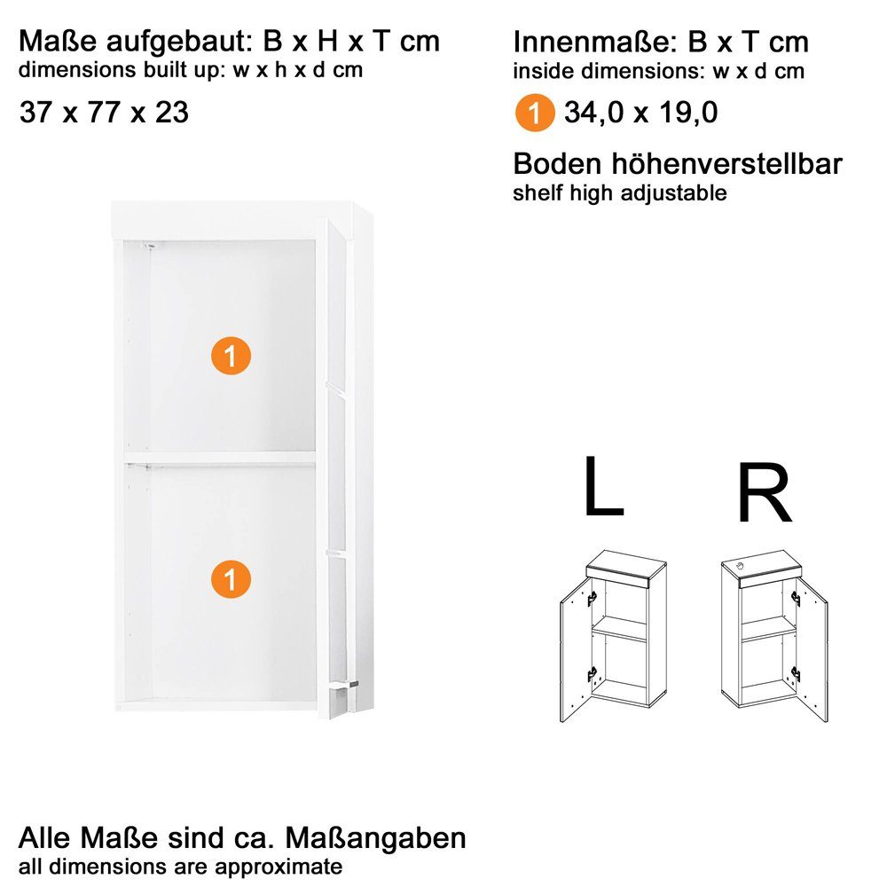Lomadox Hängeschrank Nb. cm Weiß Asteiche Absetzung mit ALTENA-19 37/77/23 in Badmöbel Hochglanz in