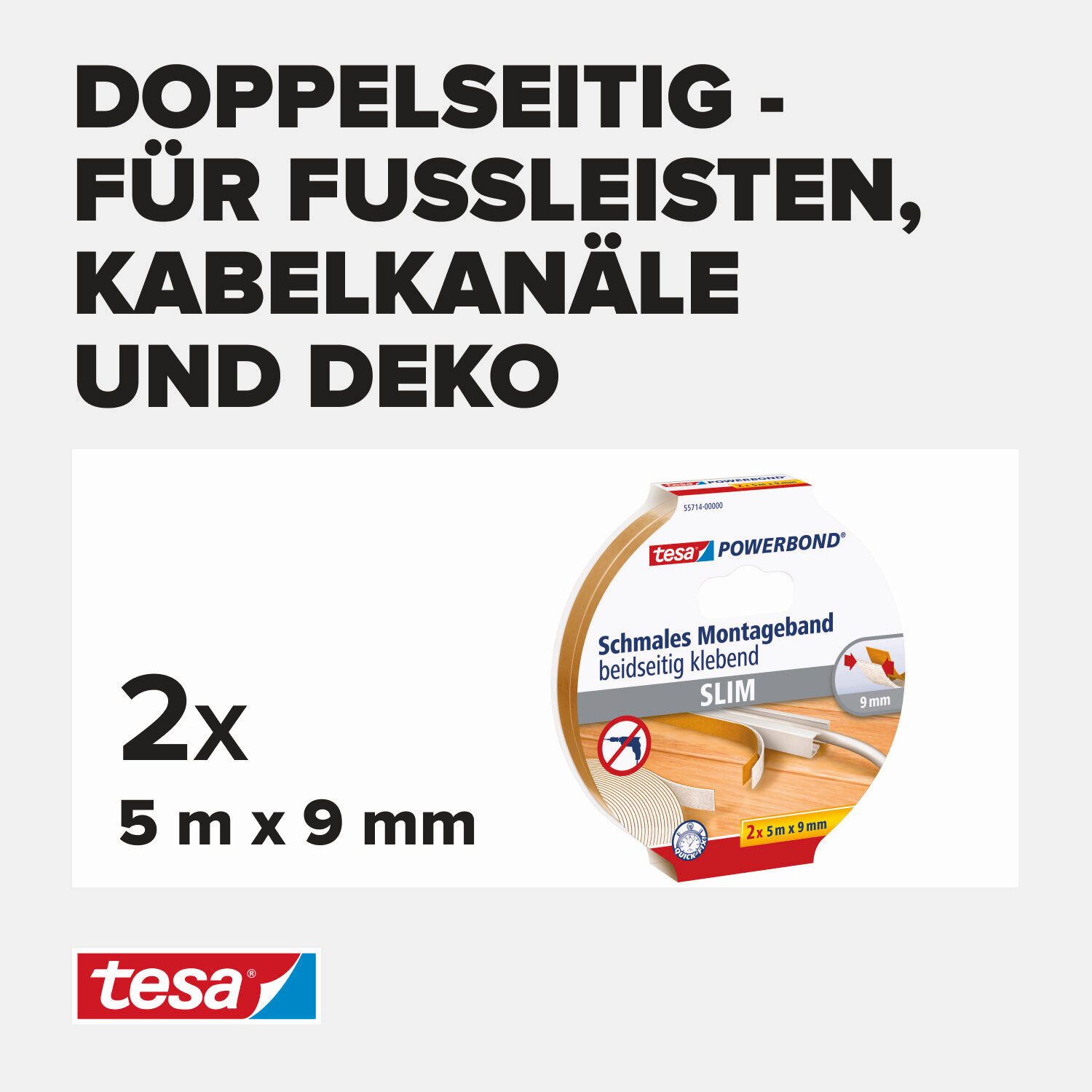 tesa Doppelklebeband POWERBOND Doppelseitiges Klebeband - 5 m : 9 mm (Packung, 1-St) schmales Montageband - einfache Befestigung von Kabelkanal & Deko
