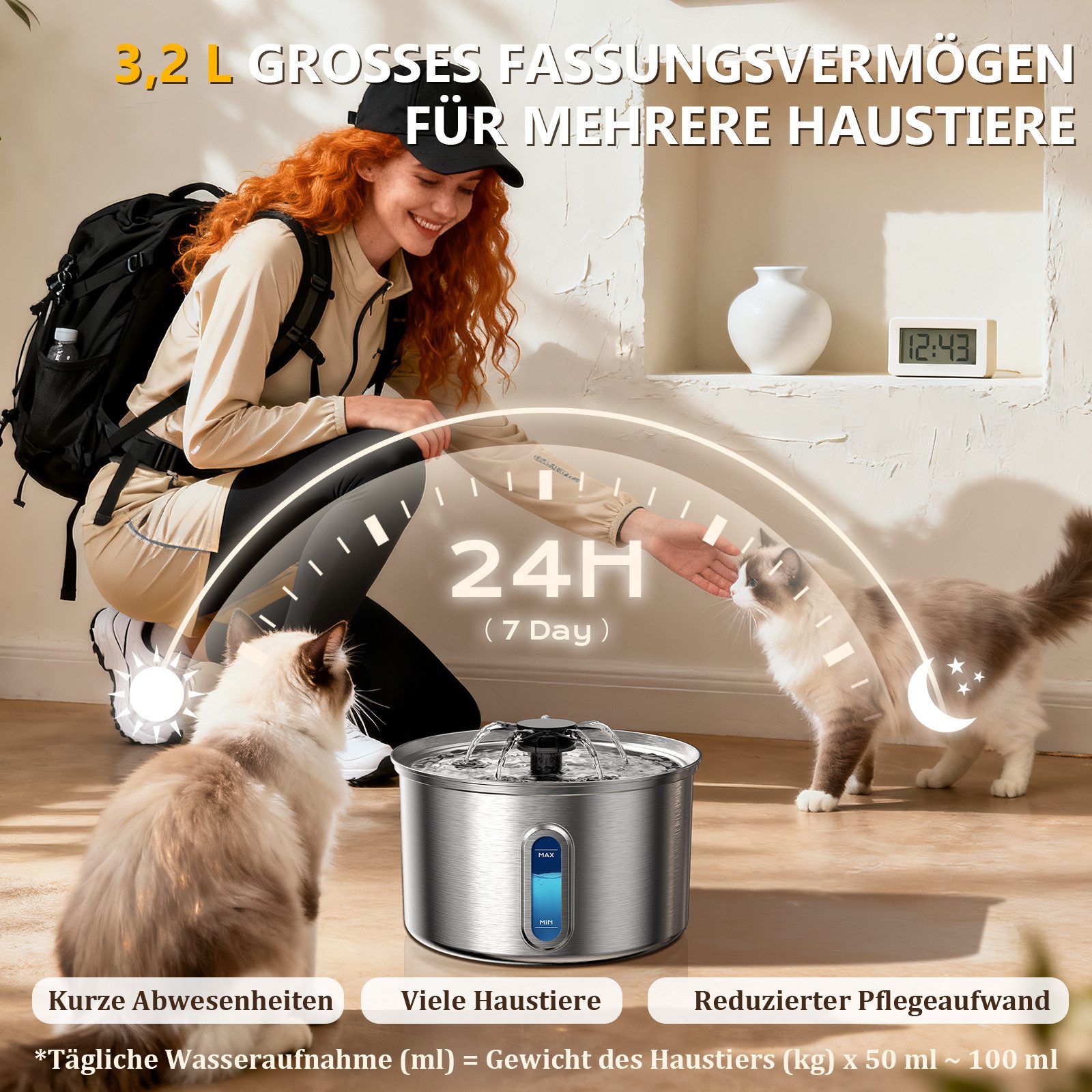 AeroAxis Trinkbrunnen 3,2 L Katzenbrunnen Edelstahl, Wasserspender Für Katze und Hunde 3.2 l, 2 Filter, Einfach Reinigbar, mit Wasserstandsfenster, leise