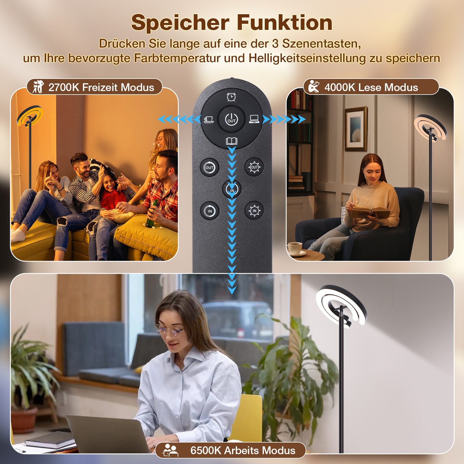 Rosnek Stehlampe Wohnzimmer stehlampe dimmbar, 7 Farbtemperaturen, 5 Helligkeitsstufen, 190CM, Magnetisch Fernbedienung und Touch-Contro für Wohnzimmer – Bild 5 von 5