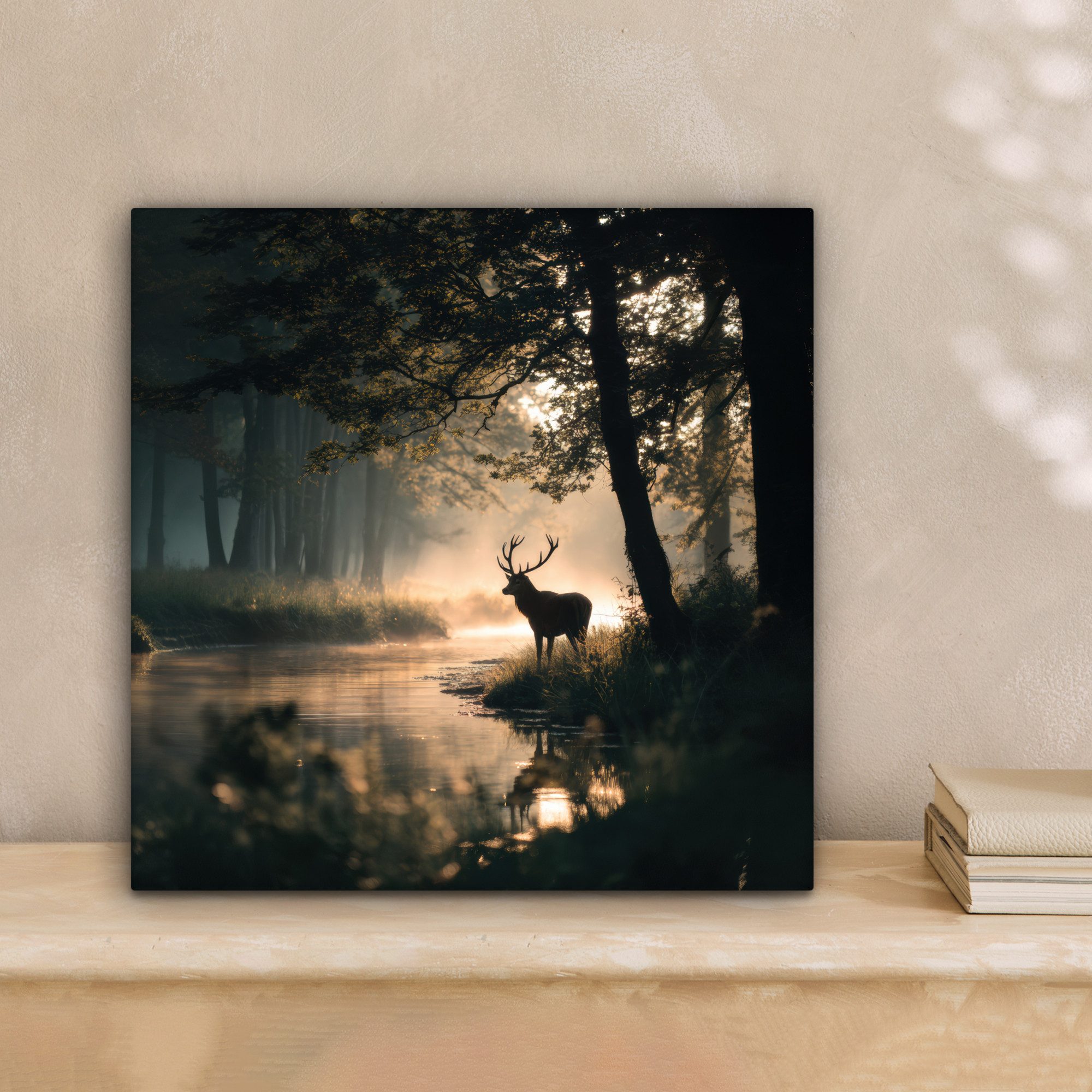 OneMillionCanvasses® Leinwandbild Hirsche - Waldbach - Mystisch, Fotodruck günstig online kaufen