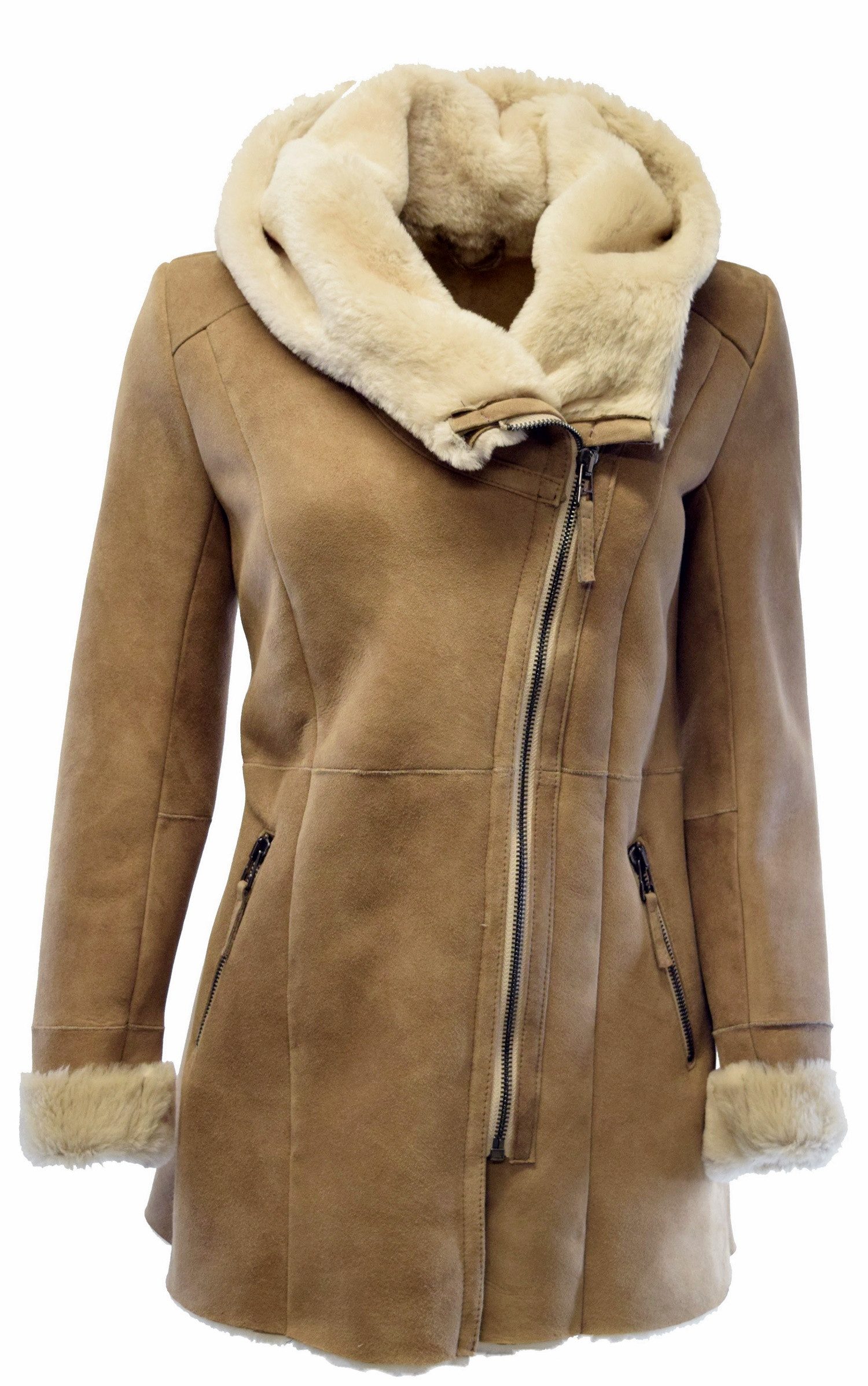 Zimmert Leather Ledermantel Olivia Damen, Lammfellmantel, Kapuze, Beige, Nu günstig online kaufen