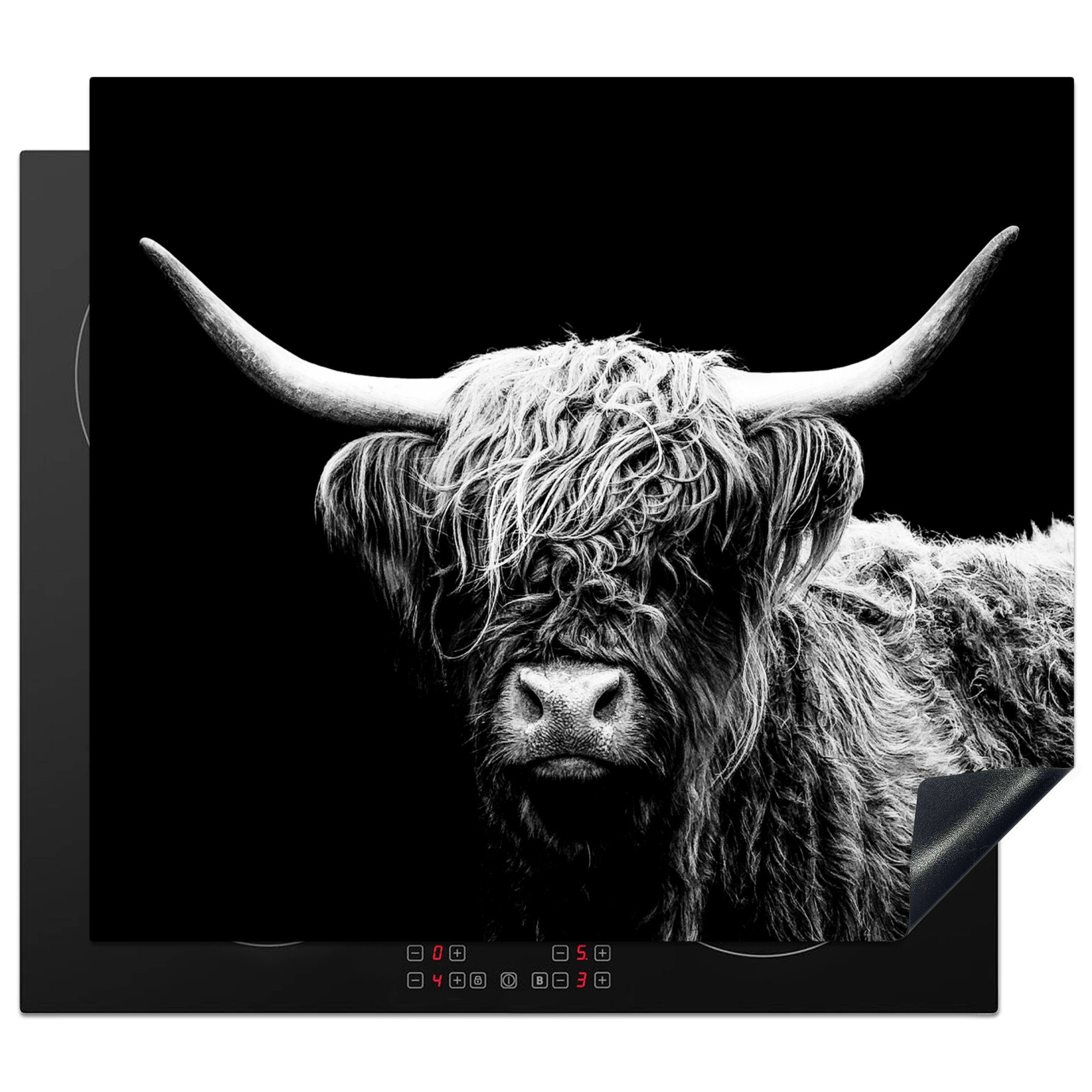 MuchoWow Herdblende-/Abdeckplatte Schottischer Highlander - Kuh - Schwarz - Weiß - Tiere, Vinyl, (1 tlg), 57x51 cm, Induktionsschutz, Induktionskochfeld, Ceranfeldabdeckung