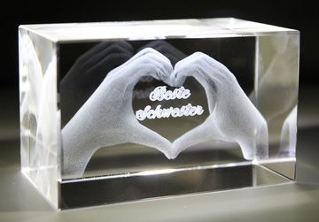 VIP-LASER Dekofigur 3D Glasquader I Herz aus Händen mit Gravur I Text: Beste Schwester!, Hochwertige Geschenkbox, Made in Germany, Familienbetrieb