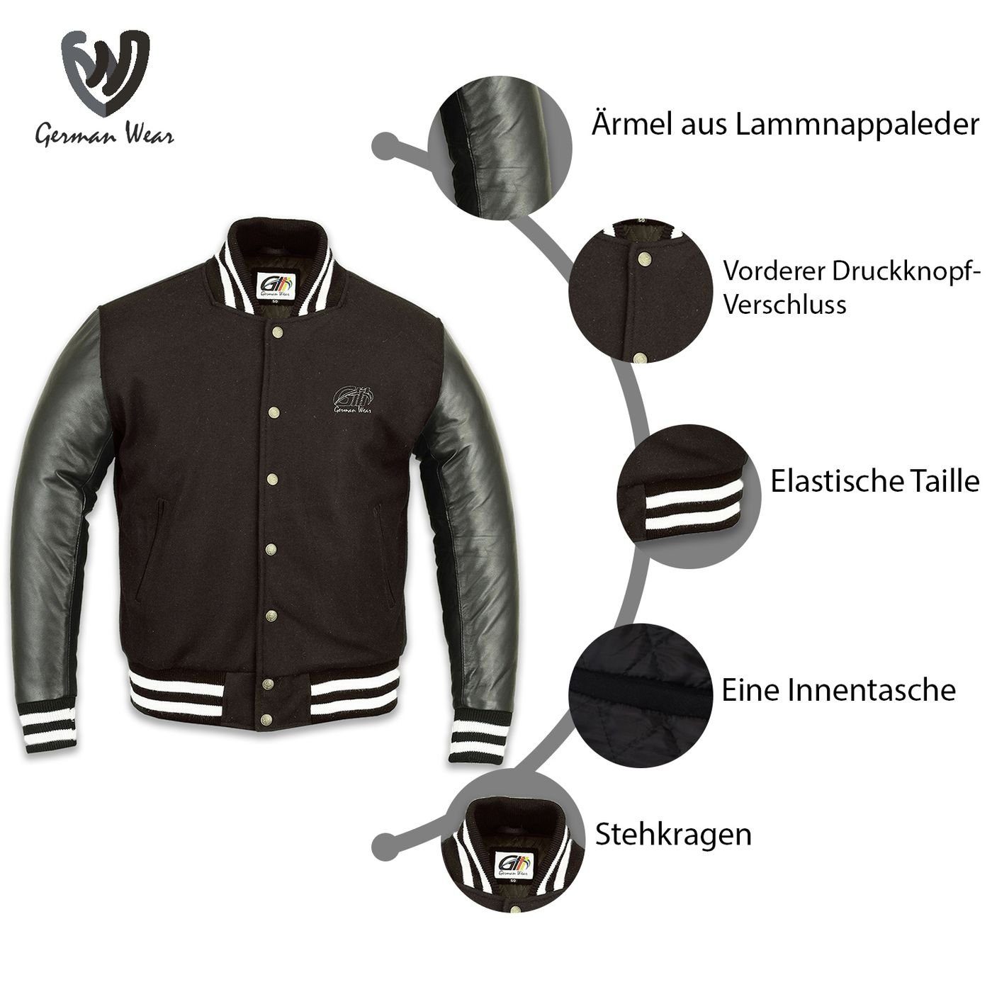 Collegejacke Wear Wolljacke Blouson Collegejacke Dunkelbraun mit Lederärmel CJ002 German