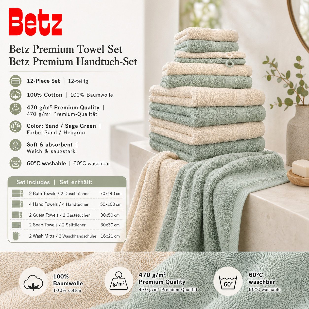 Betz Handtücher Premium Handtuch-Set 12-tlg., 100% Baumwolle (Set, 12-St), Duschtücher,Handtücher, Gästetücher, Seiftücher,Waschhandschuhe – Bild 2 von 5